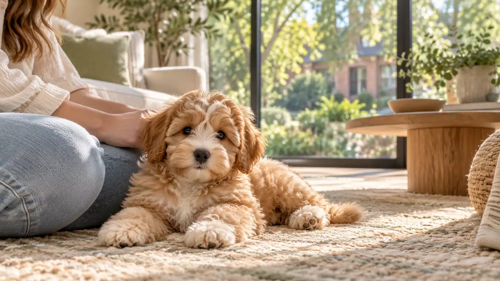 Apricot and cream puppy resting beside a person in a sunny living room