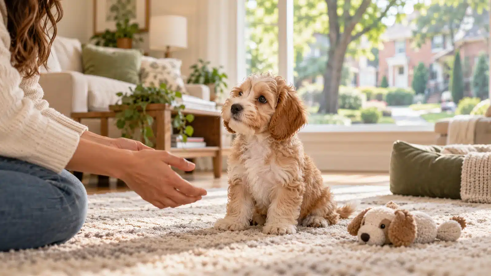 Small cream and caramel puppy greeting a person in a bright family living room