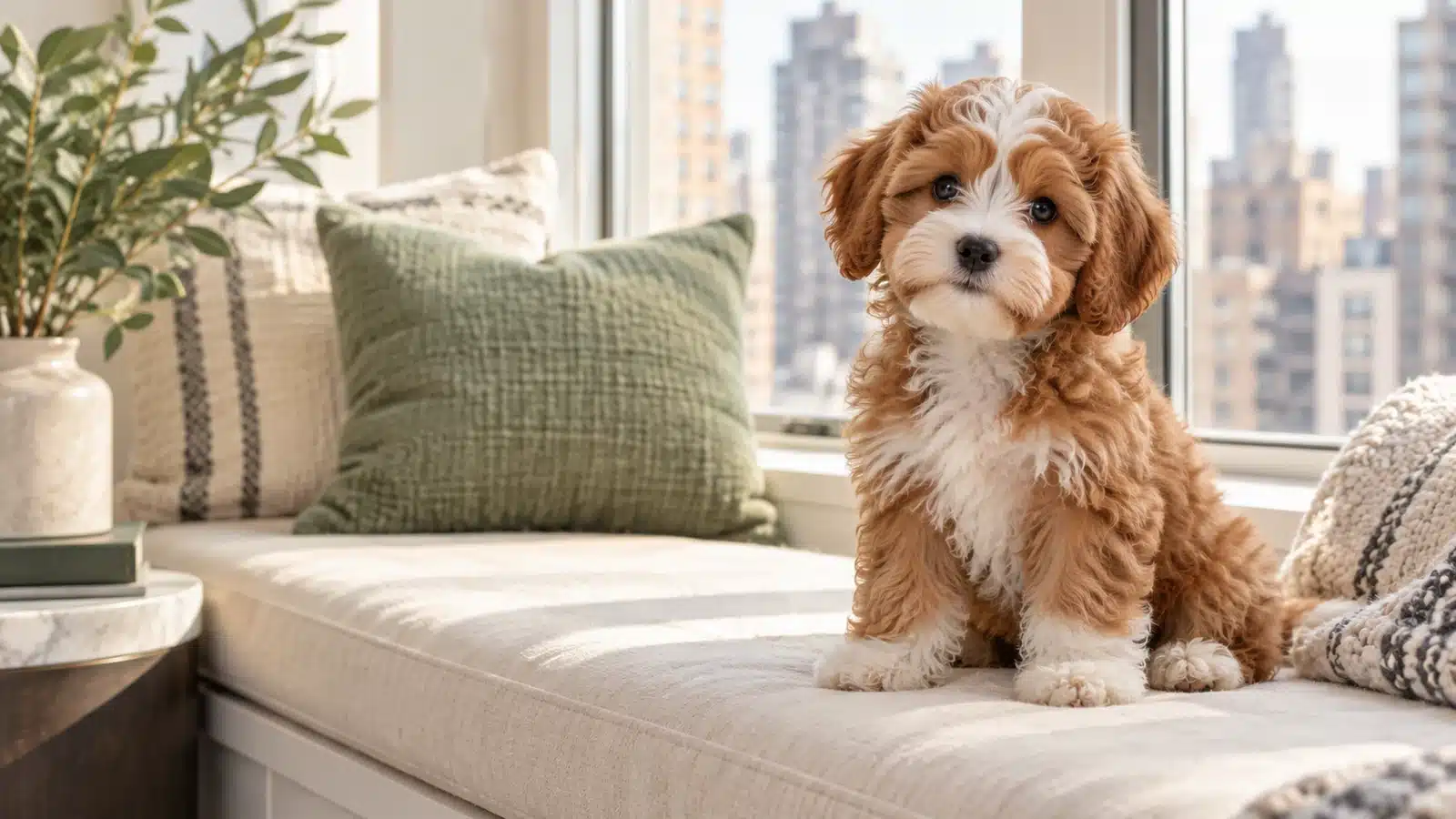 Small red and white puppy sitting on a window bench in a bright city apartment