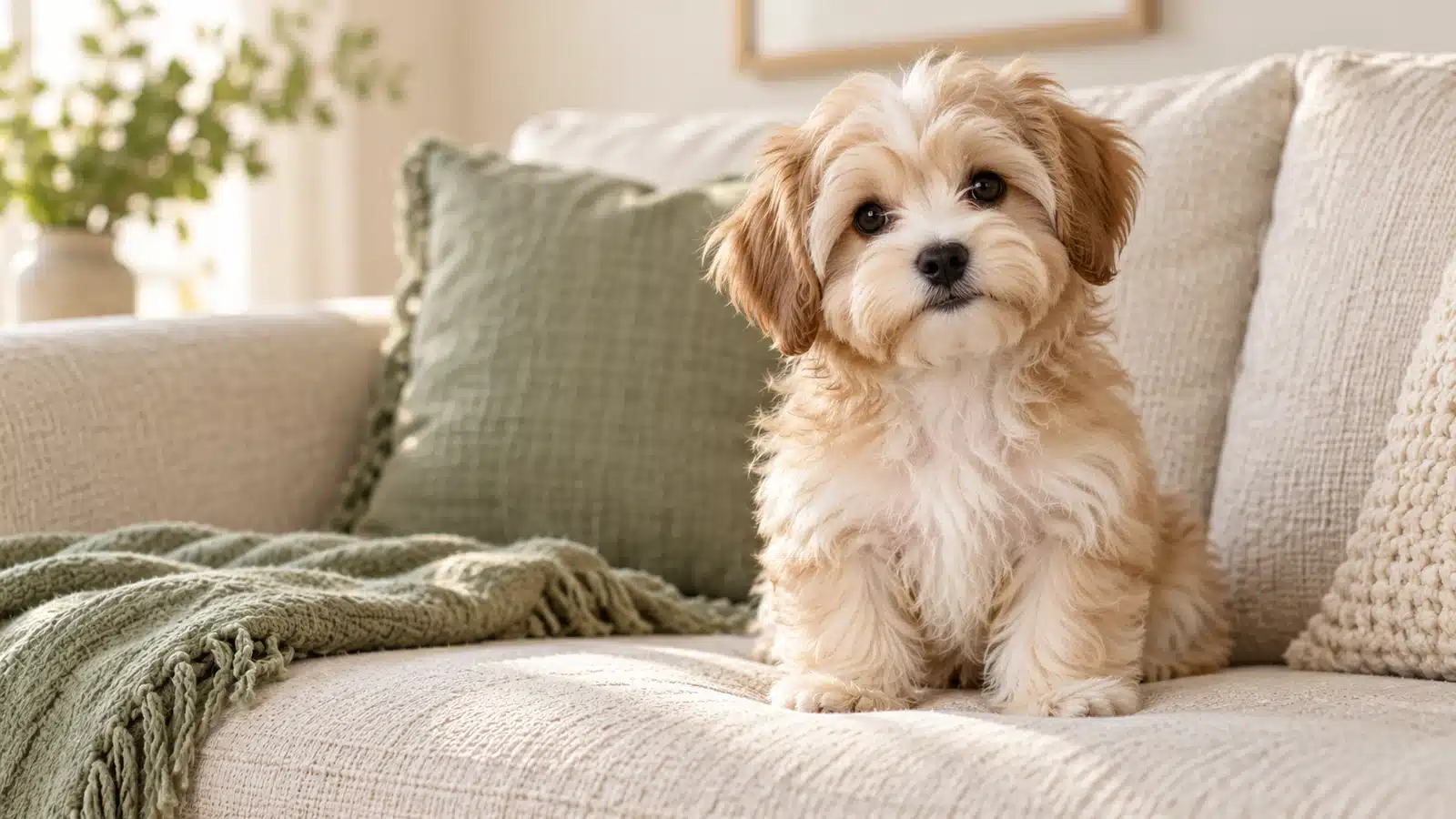 Cream and tan small puppy sitting on a linen sofa