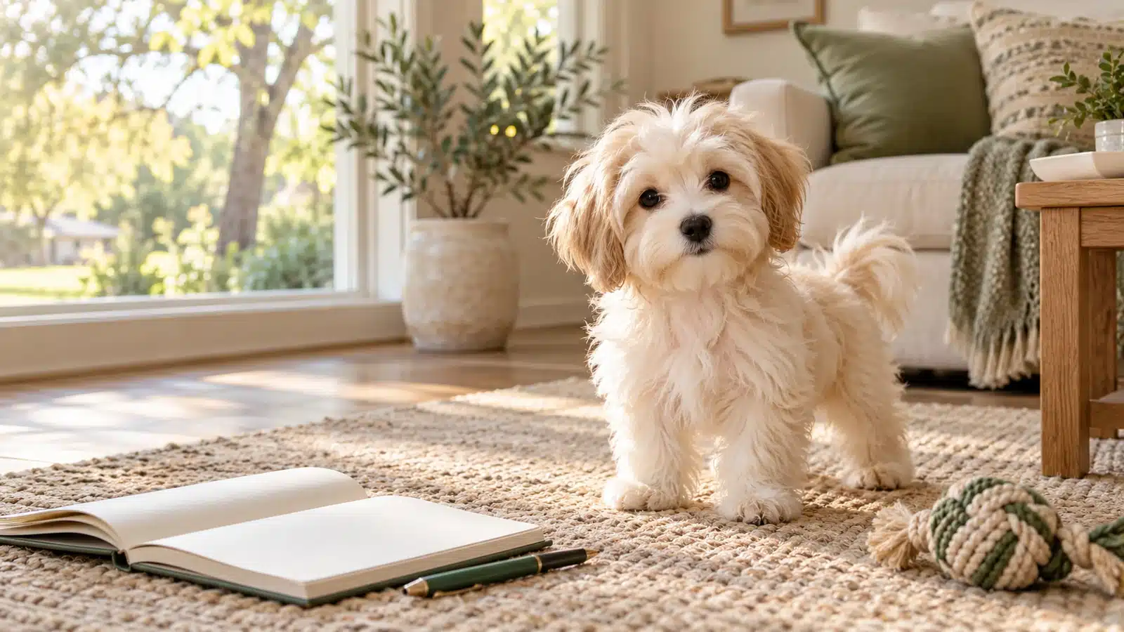 Small cream puppy standing beside an open notebook and dog toy in a sunny living room