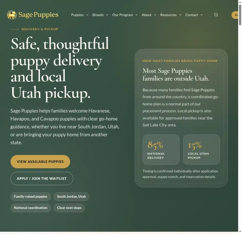 Sage Puppies pickup scheduling and handoff process