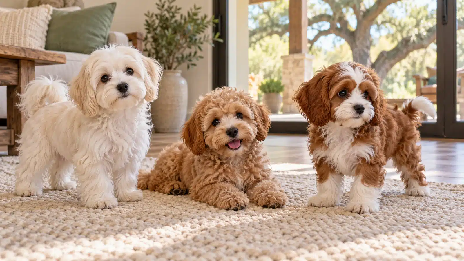 Three small puppies with cream, apricot, and chestnut coats together in a bright home