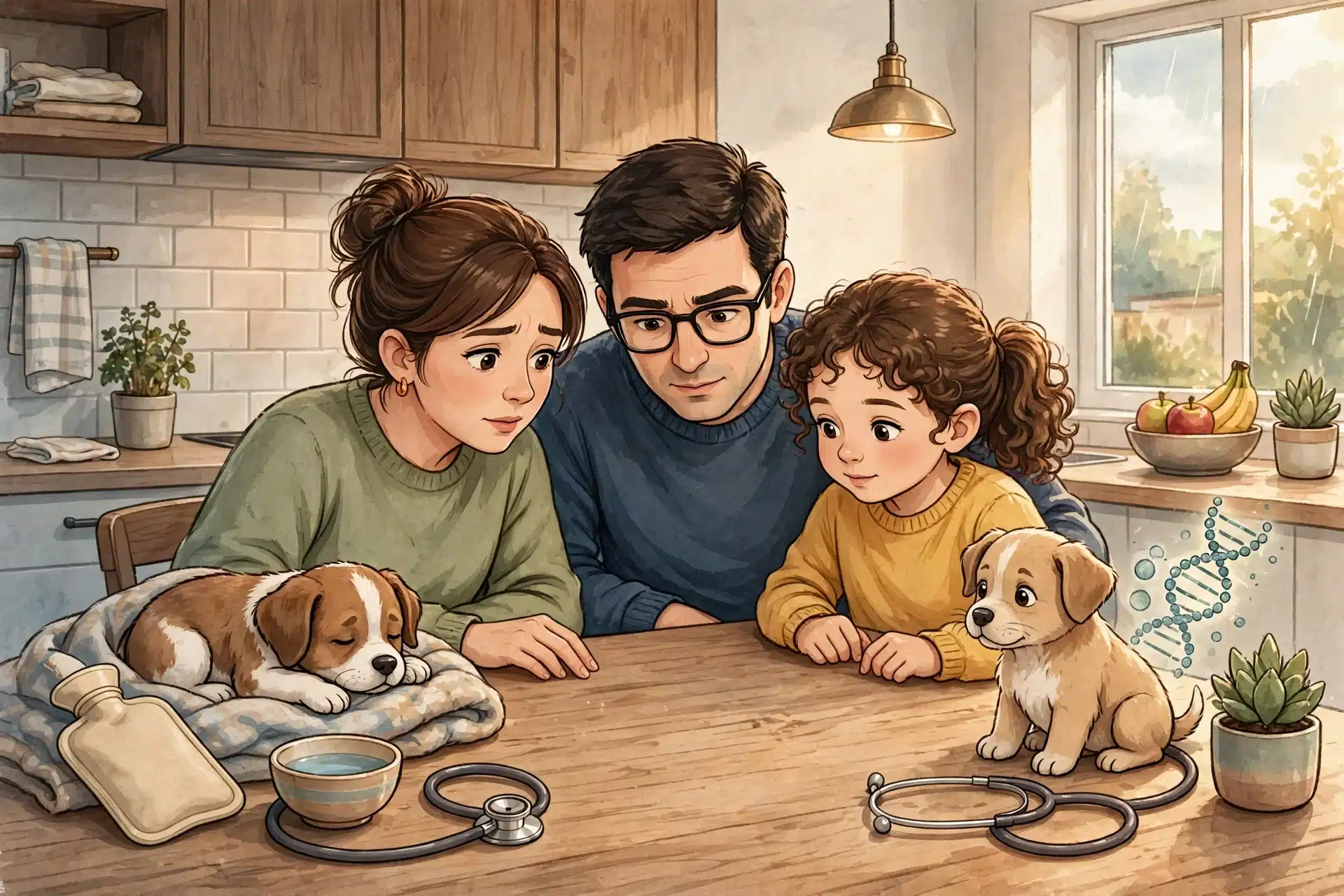 Family reviewing puppy health guarantee with vet stethoscope
