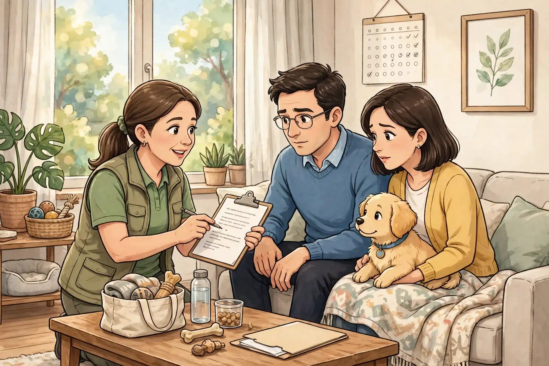 Breeder and family reviewing puppy contract