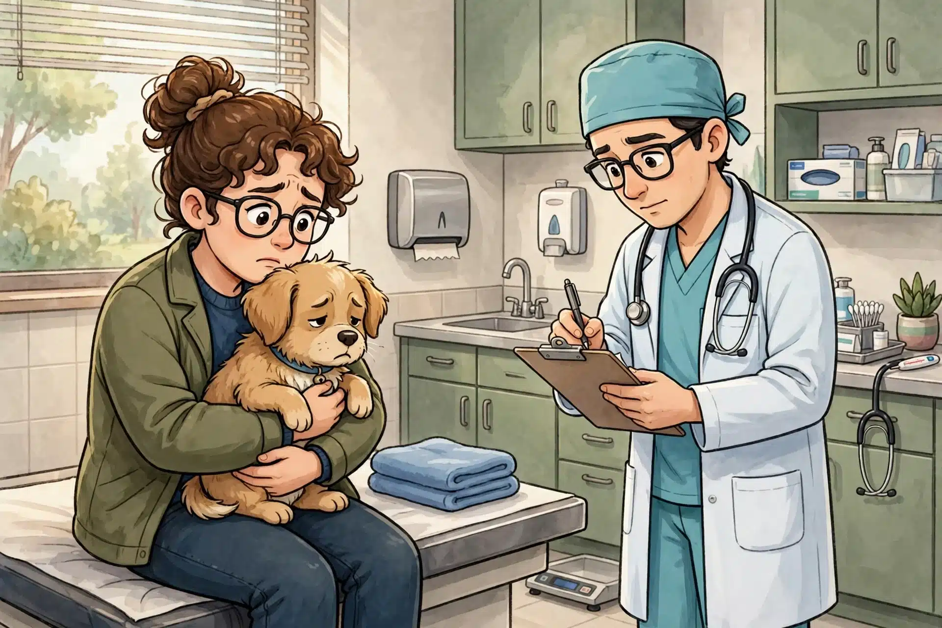 Worried owner holds puppy while vet documents