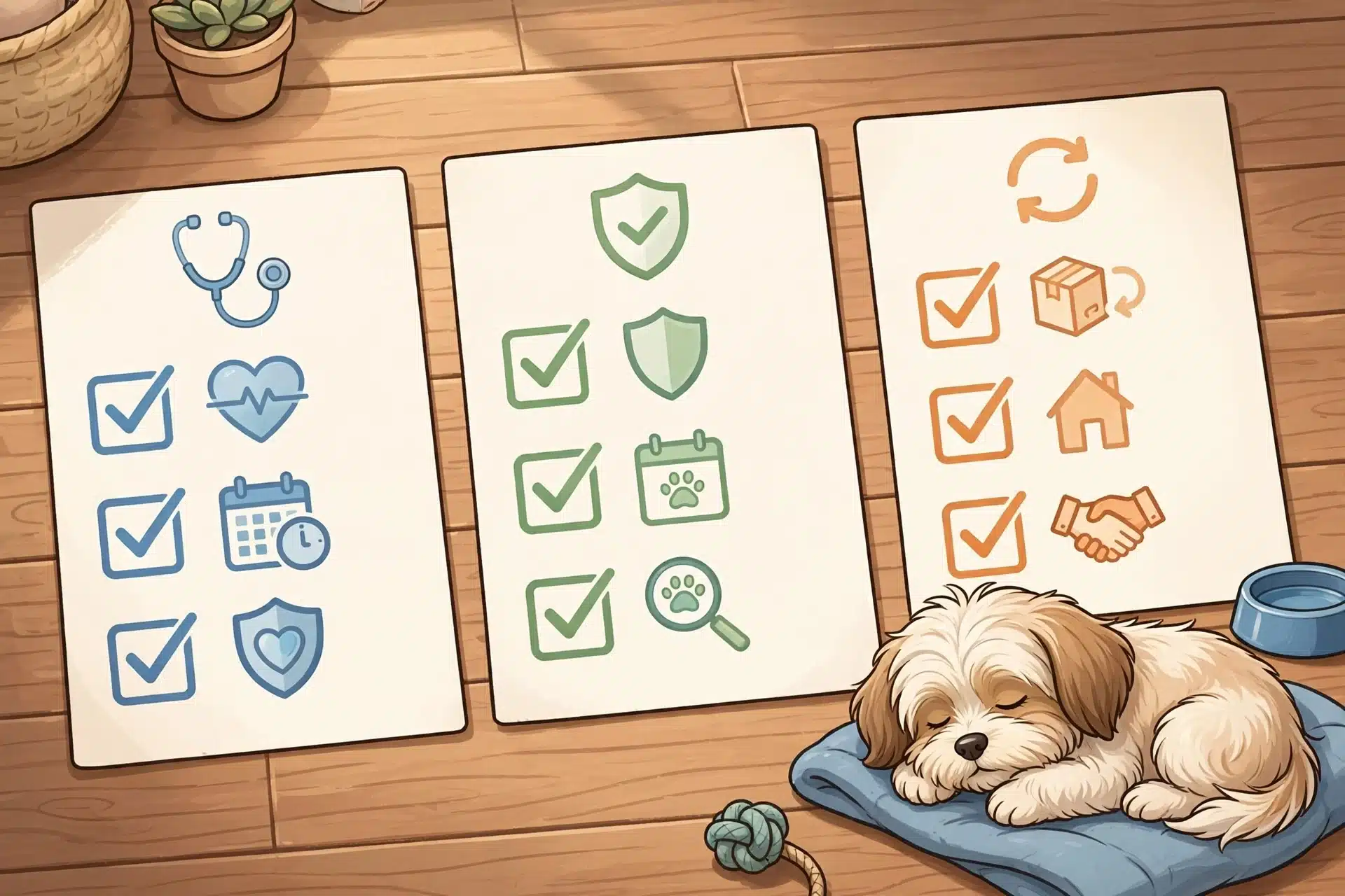 Sleeping Havanese puppy beside three-column checklist