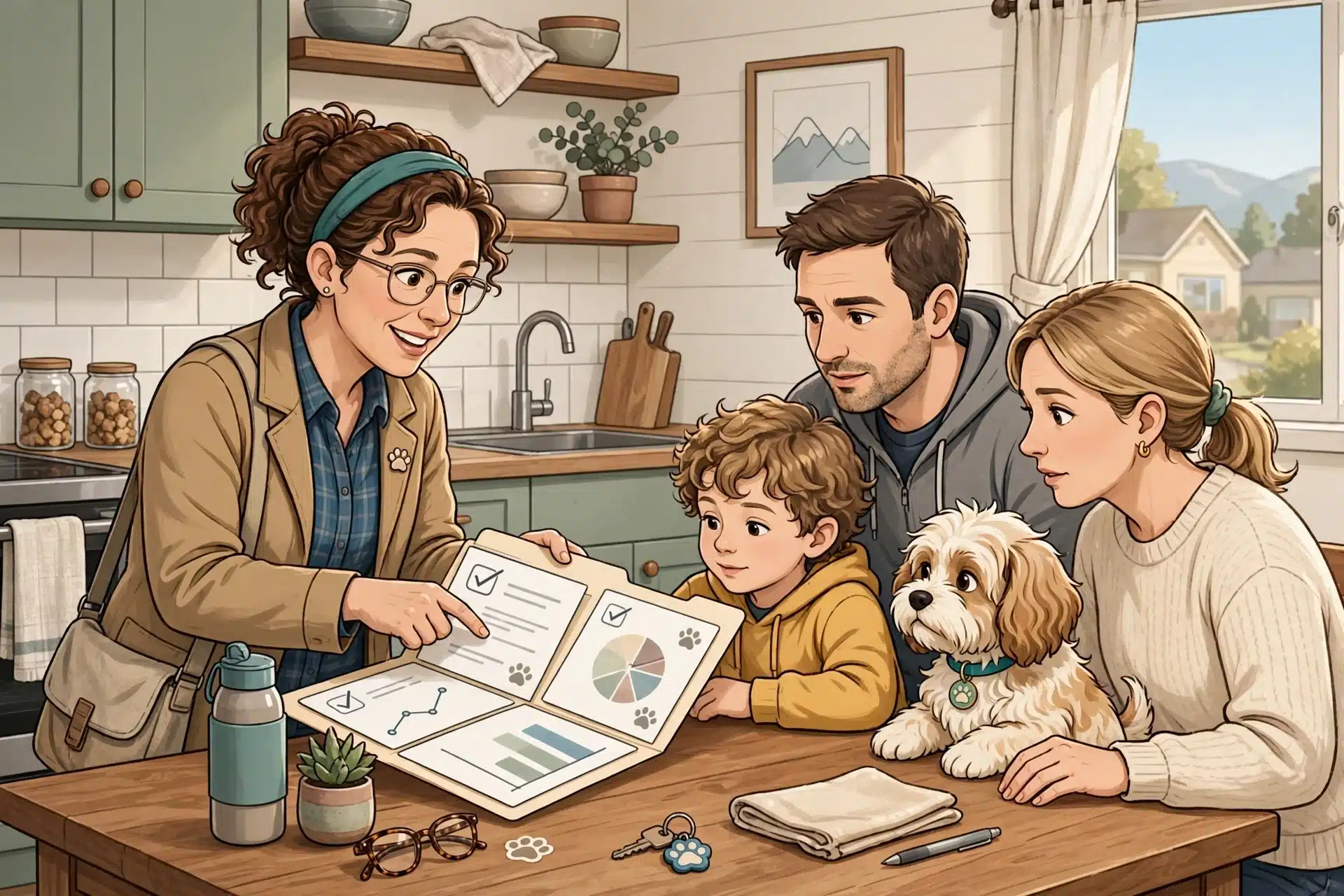 A breeder showing health certificates to a family