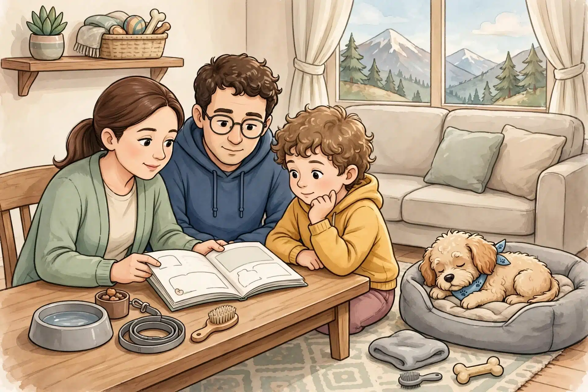 Family reviewing puppy vaccination booklet while Havapoo naps