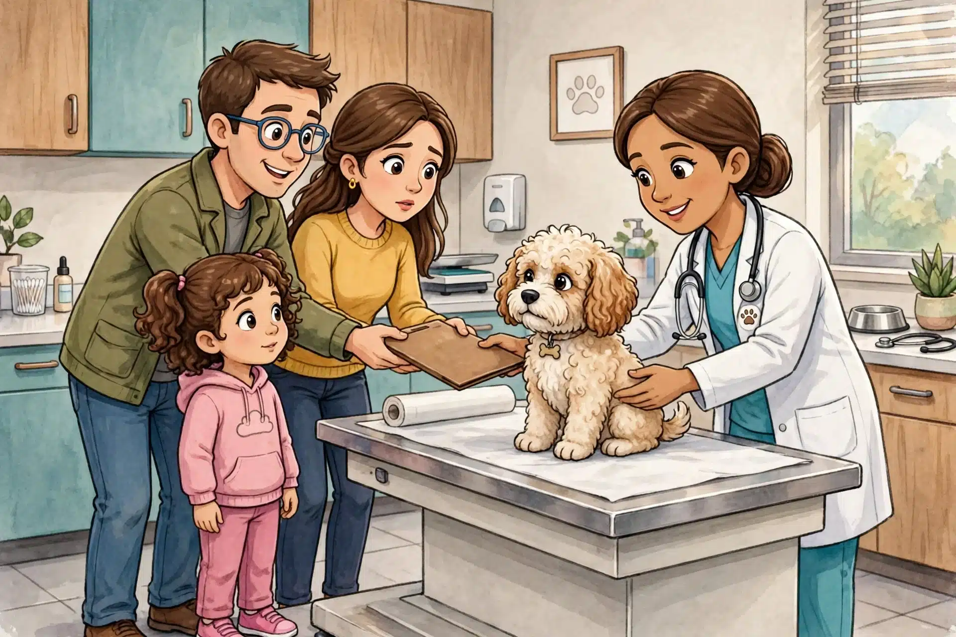 Family handing puppy records to veterinarian