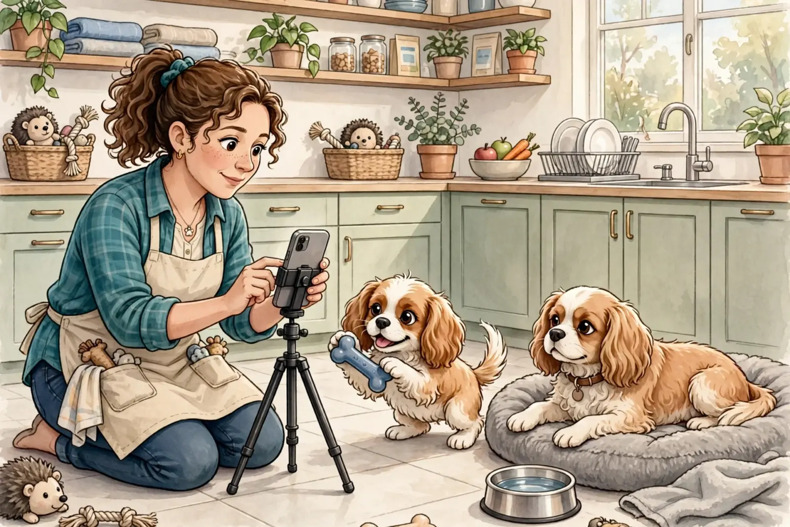 A woman in an apron and plaid shirt films two adorable Cavalier King Charles Spaniels in a bright, modern kitchen. One puppy holds a bone, while the other rests on a dog bed, as the woman uses her phone on a tripod to capture content for Indiana puppy breeders.