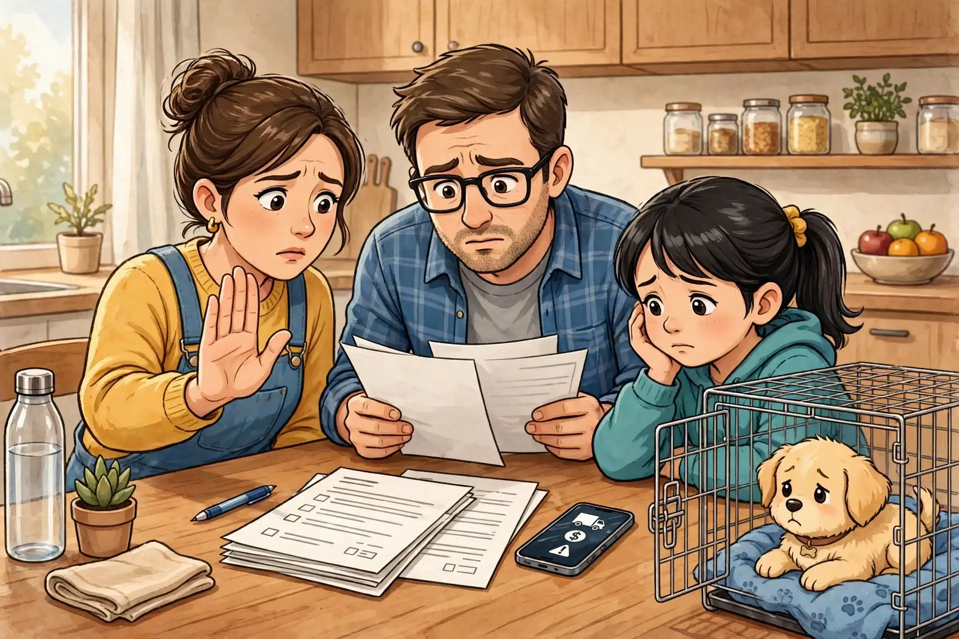 Family reviewing puppy contract beside crate
