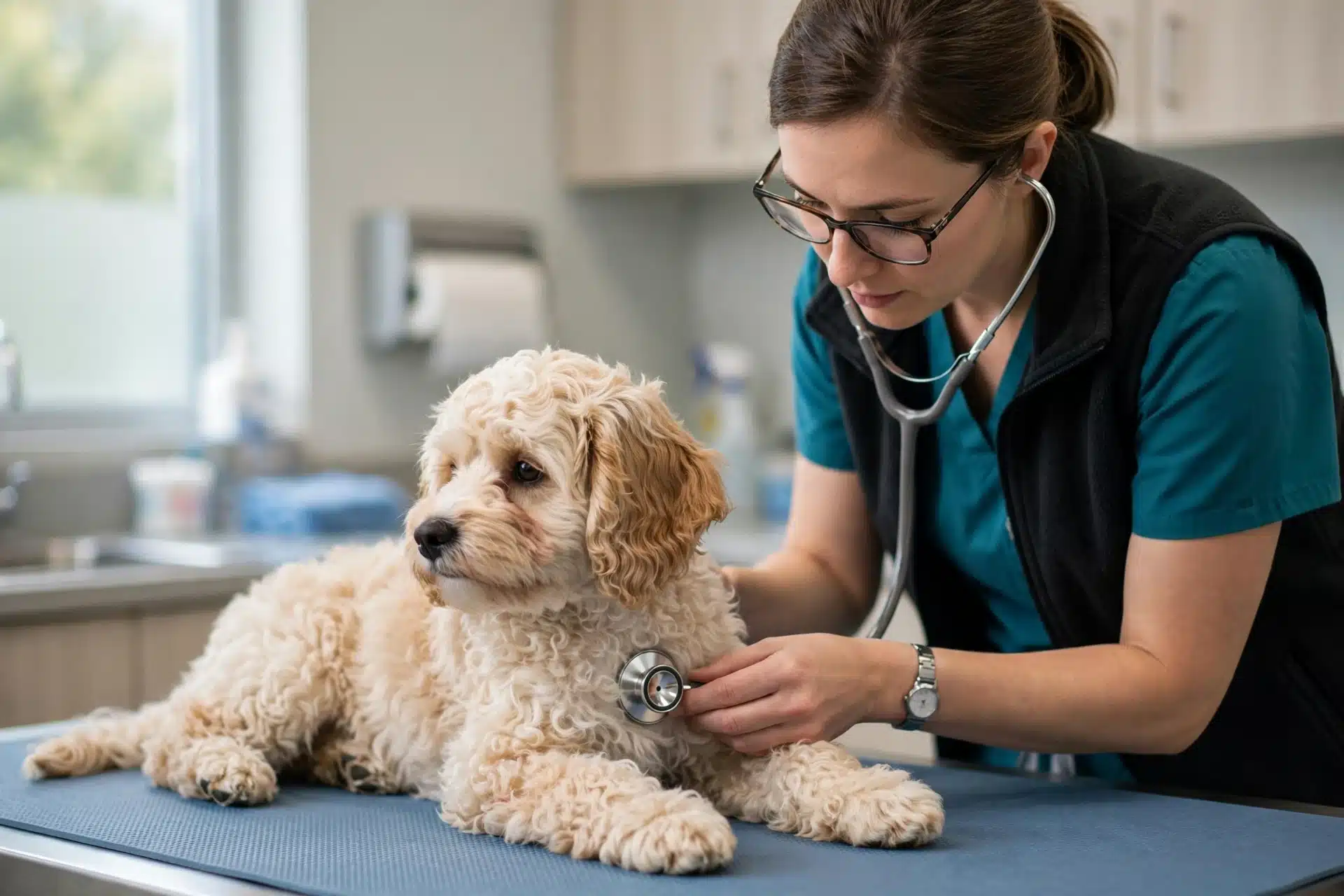 Veterinarian examining calm Havapoo puppy on table