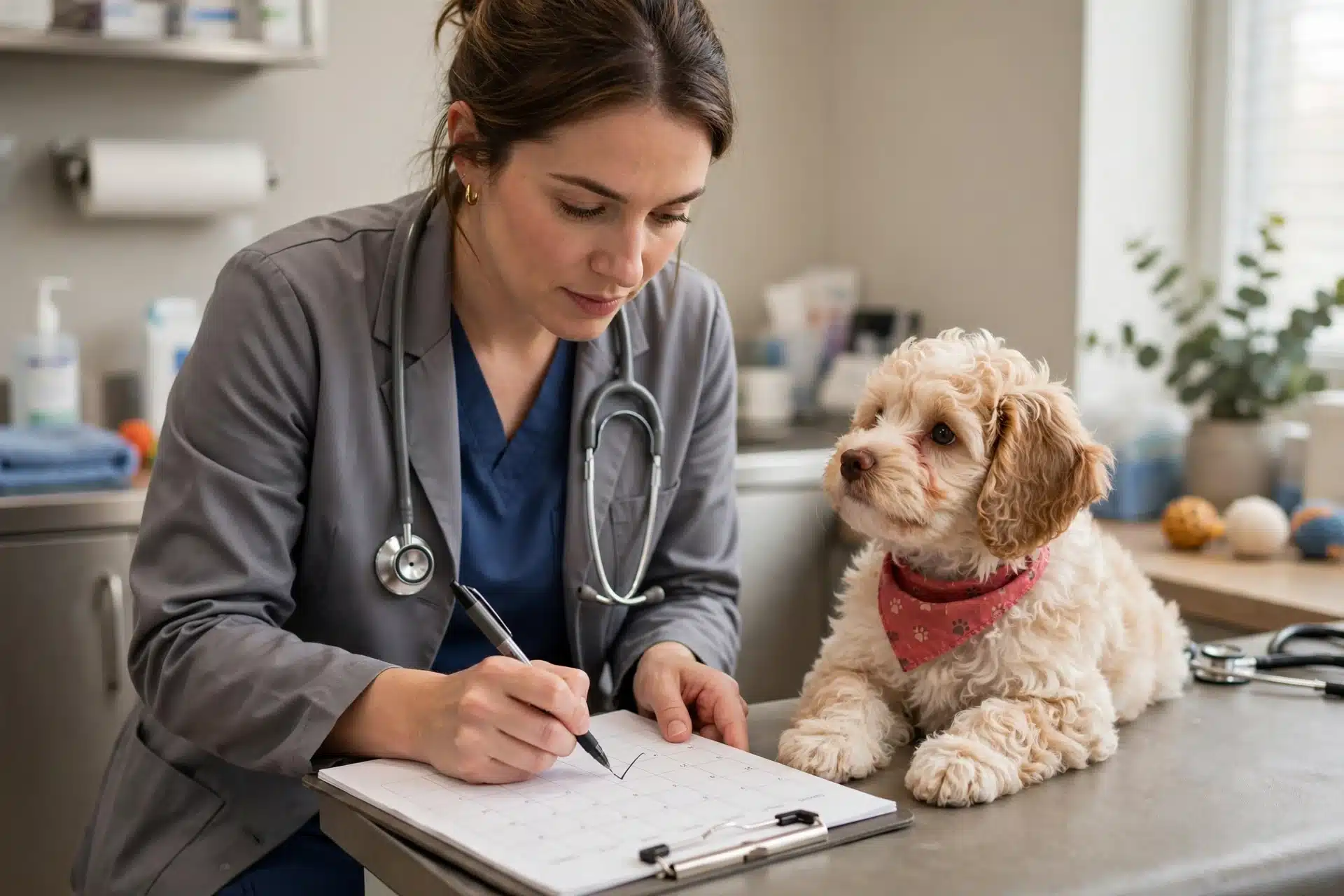 Vet marking vaccine schedule beside Havapoo puppy