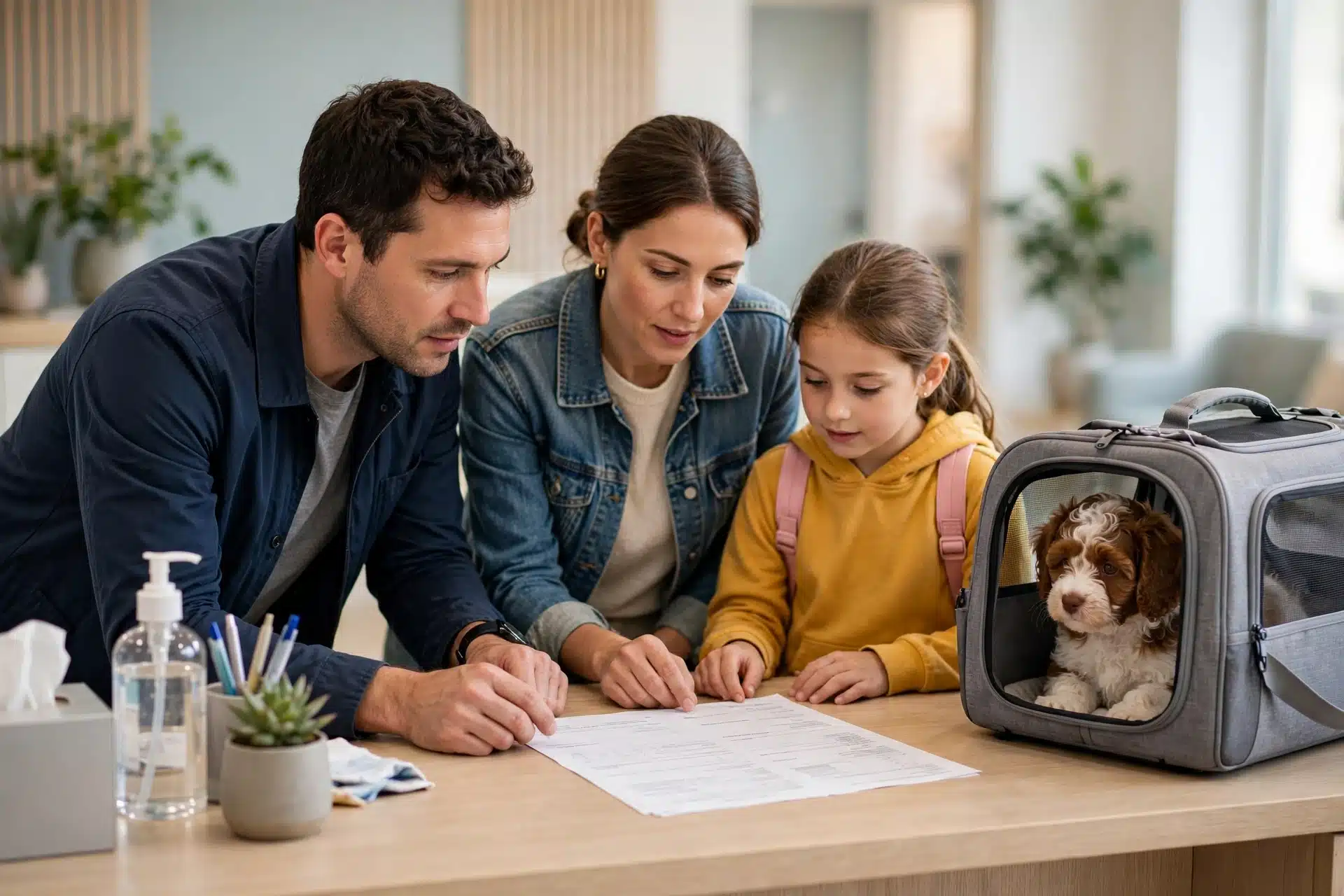 A family reviews an itemized estimate at a vet clinic reception
