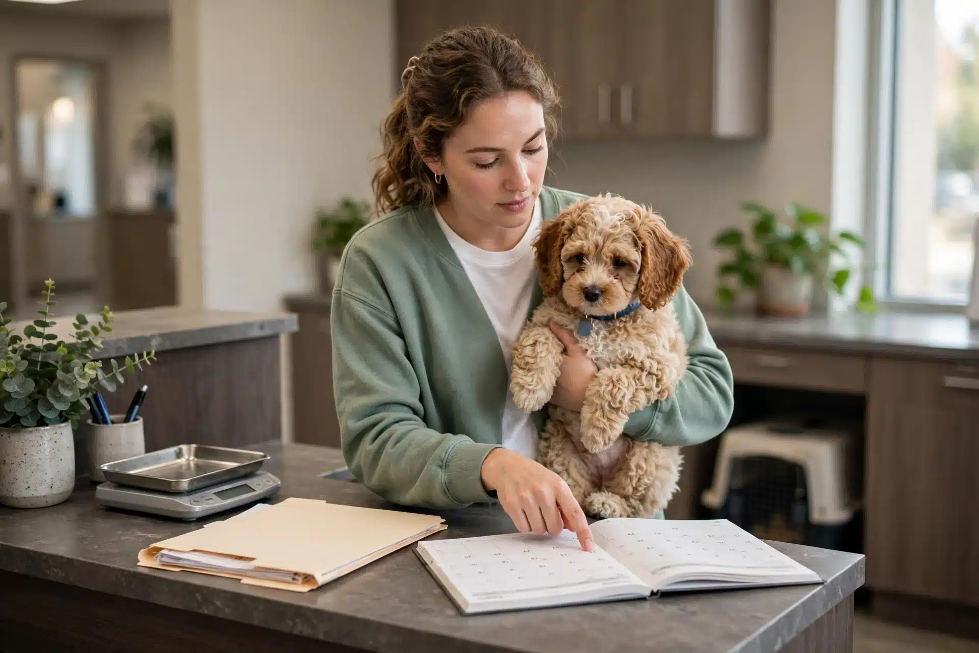 Owner booking next visit while holding puppy