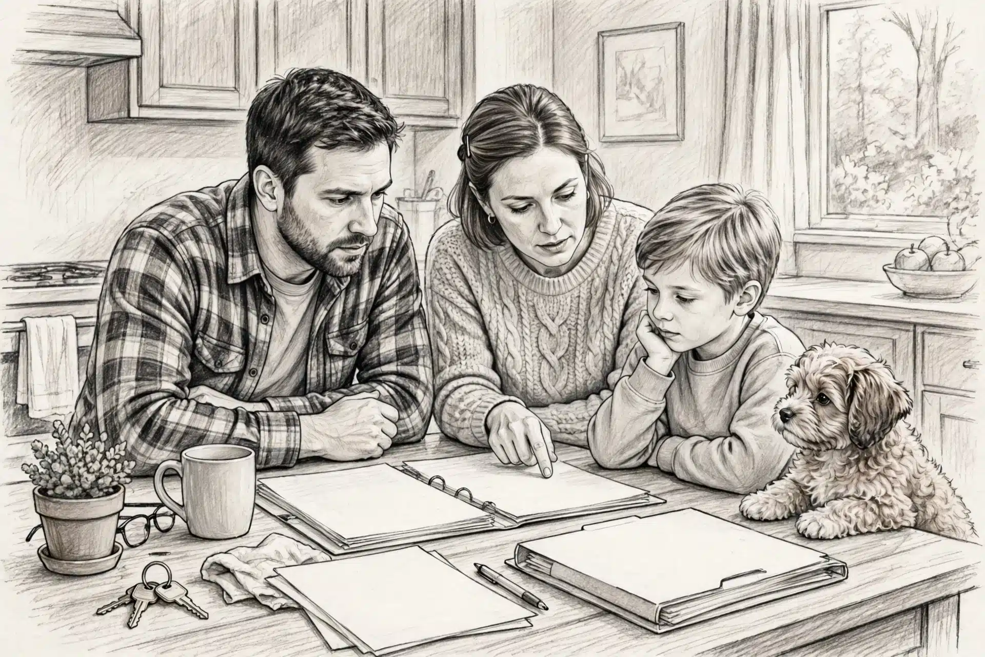 Missouri family reviewing puppy contract at kitchen table