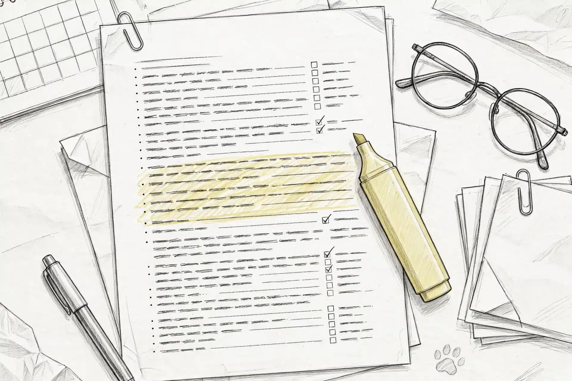 Highlighter marking contract clause beside glasses