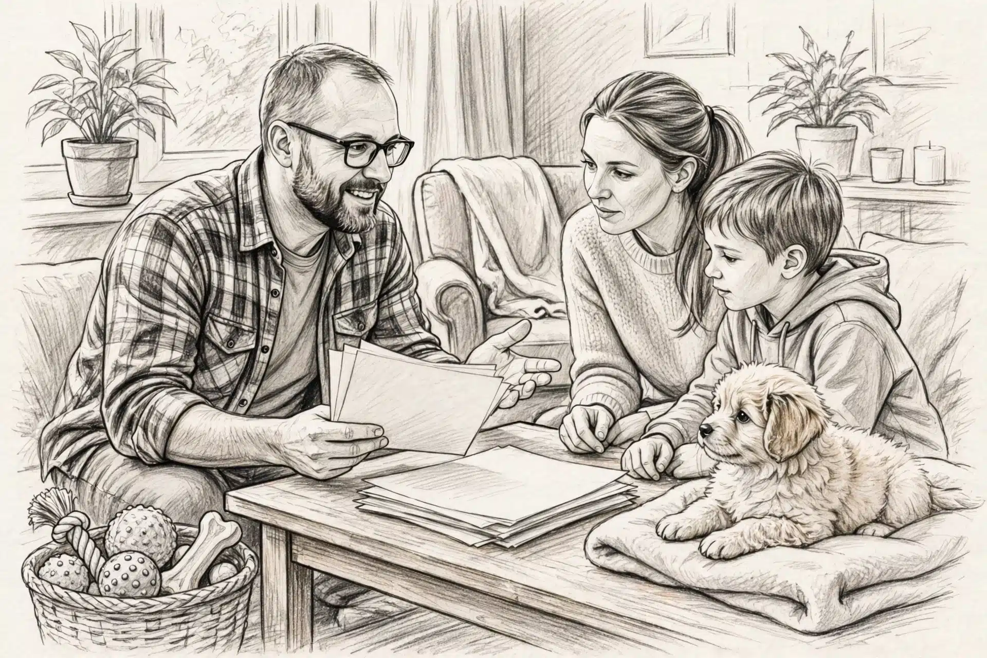 Breeder presenting puppy health records to family