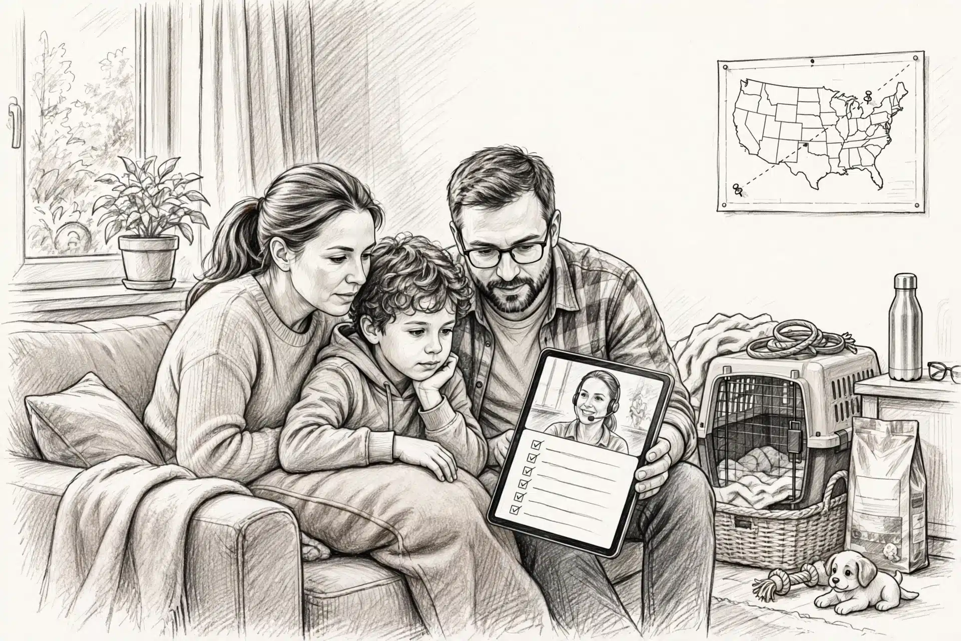 Family reviewing puppy checklist on tablet call