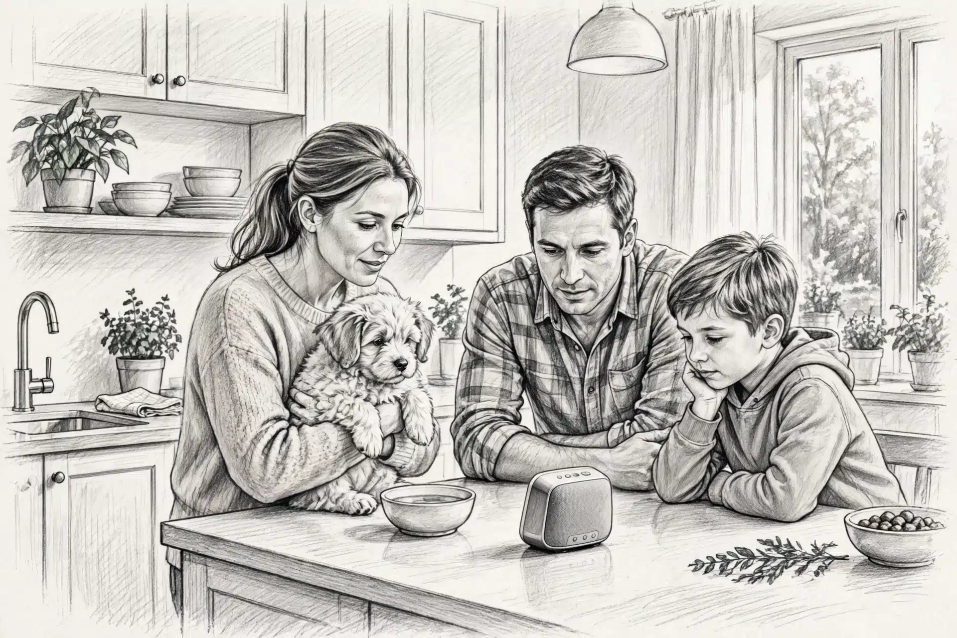 Mother holding puppy during family phone call