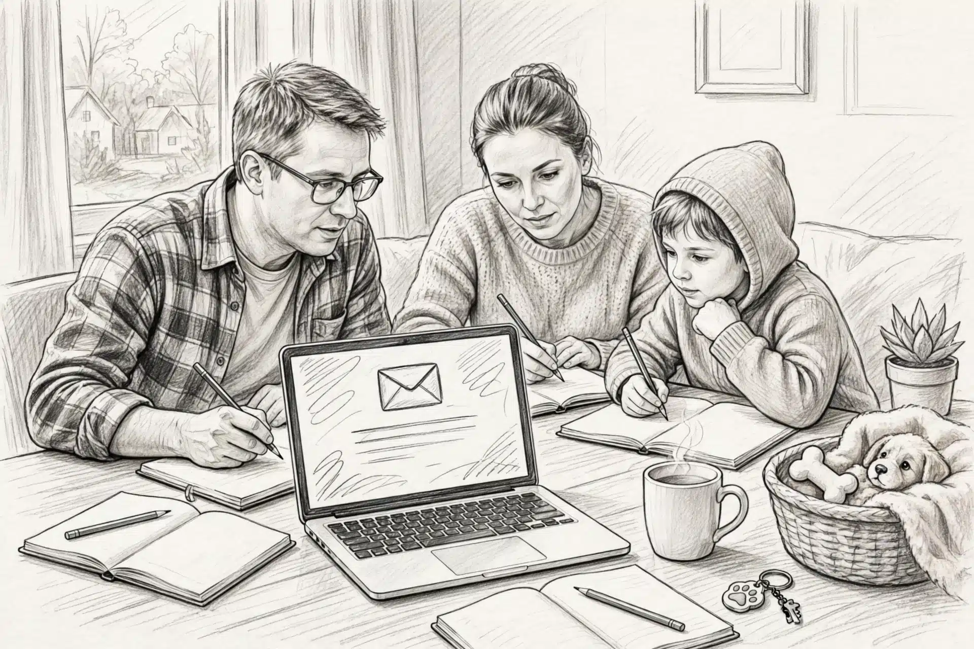 Family comparing breeder emails on laptop