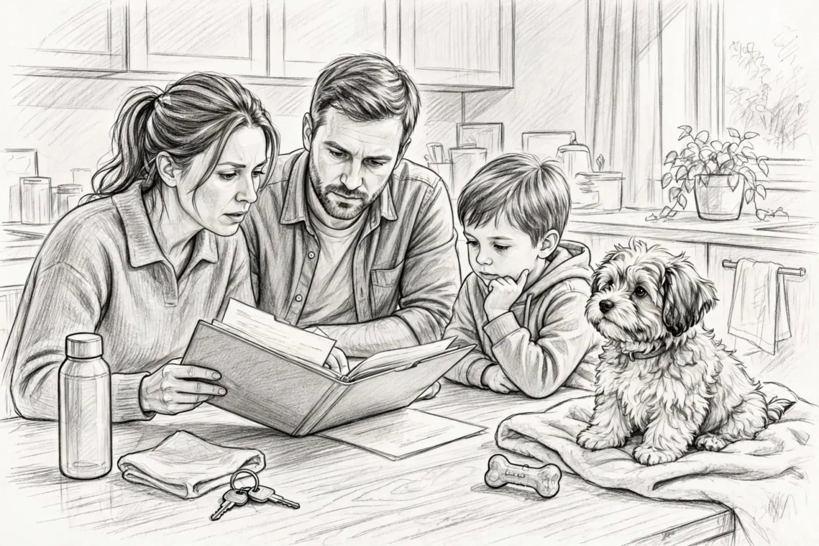 Illustration of two adults and a child reviewing an open book beside a small dog