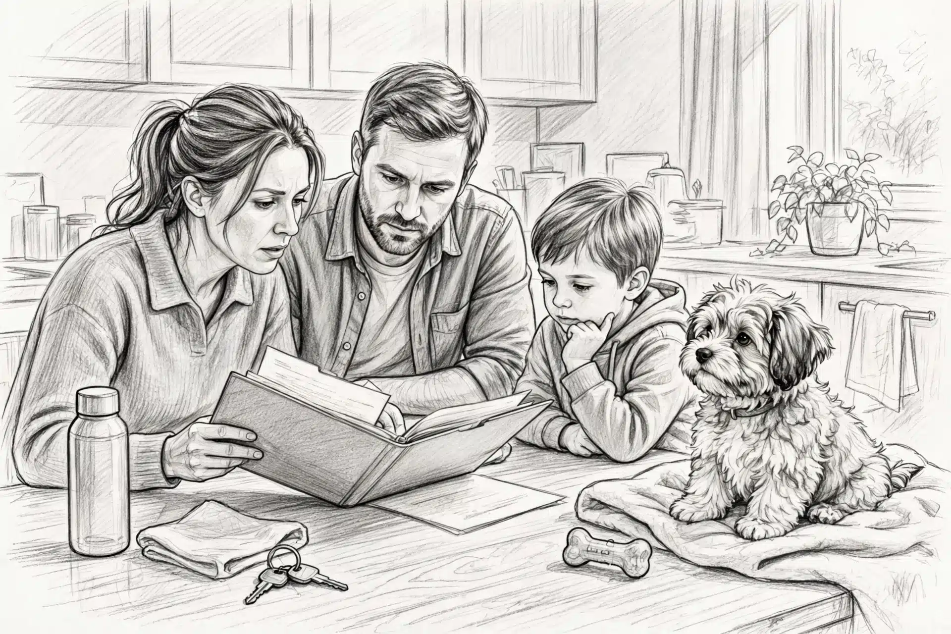 Family reviewing puppy health records with Havanese nearby