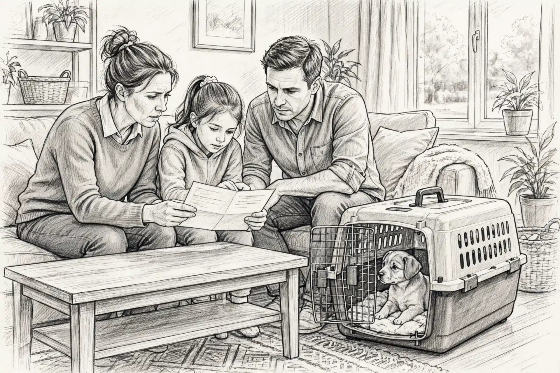 Family reviewing health certificate beside travel crate