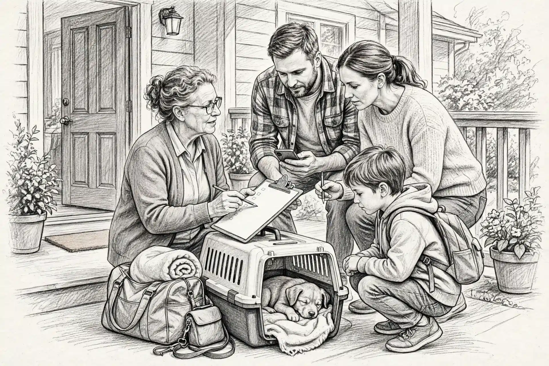 Family checking puppy checklist at breeder door