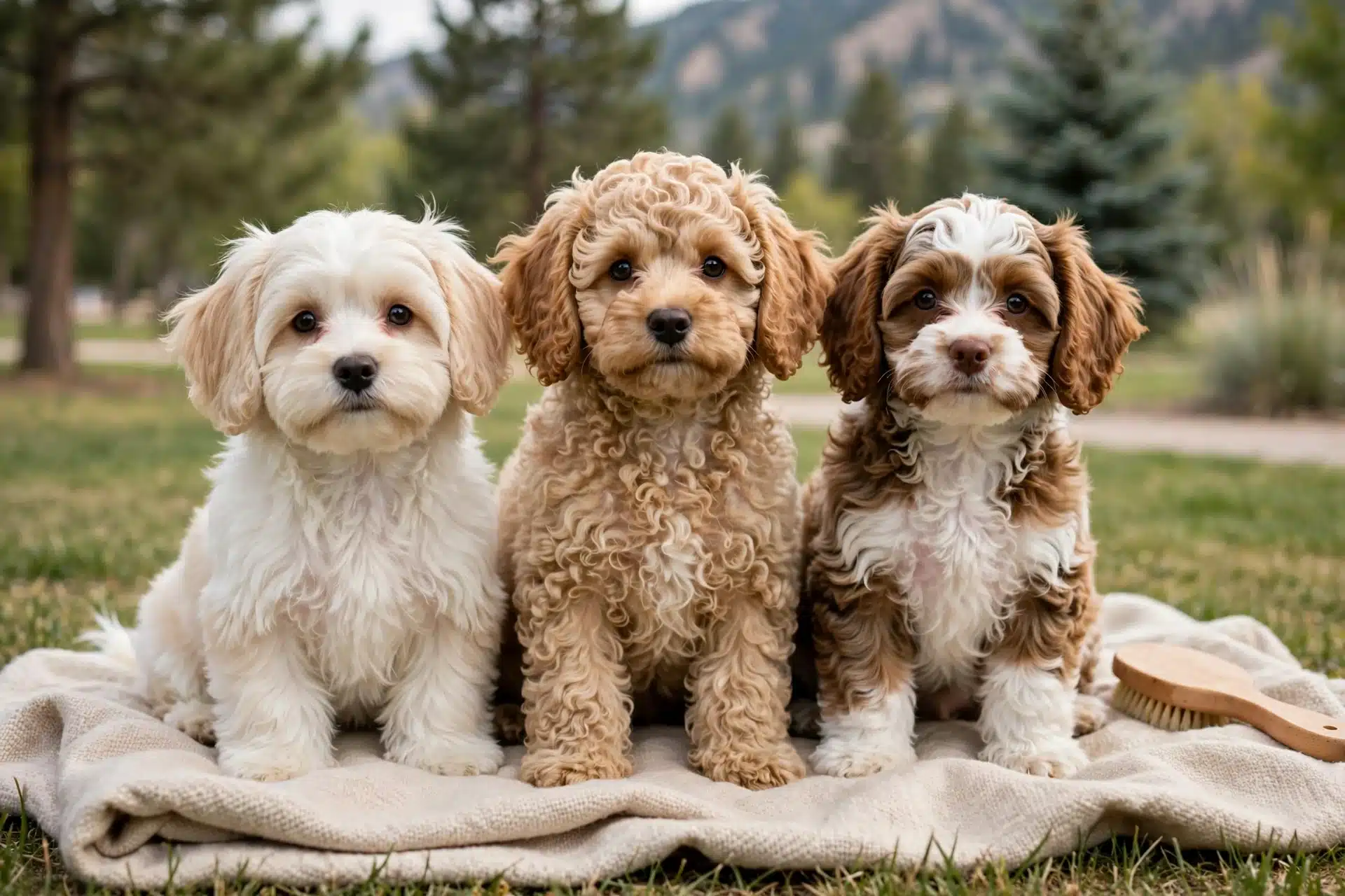Three puppies side by side on blanket