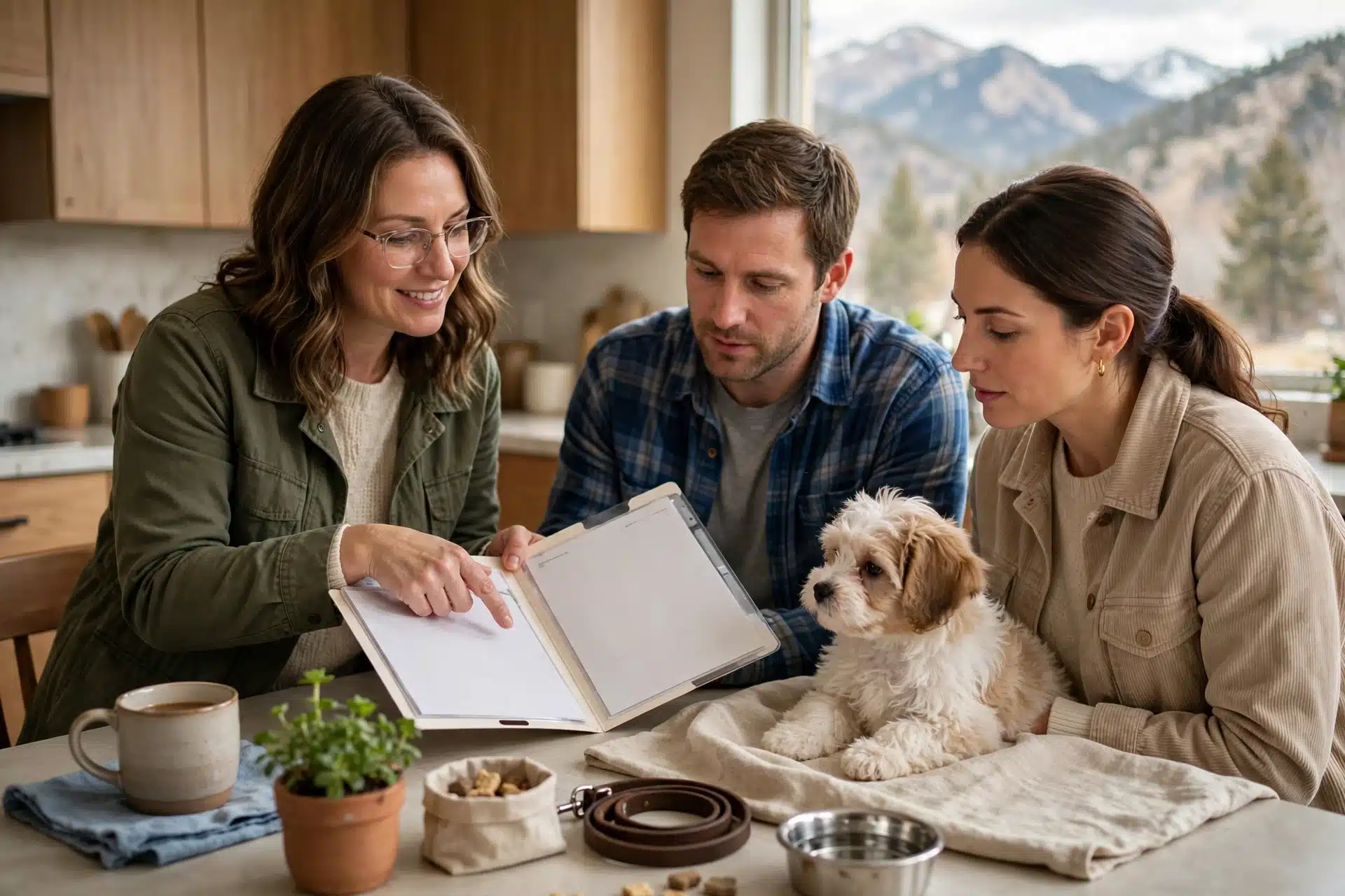 Breeder handing health folder to family