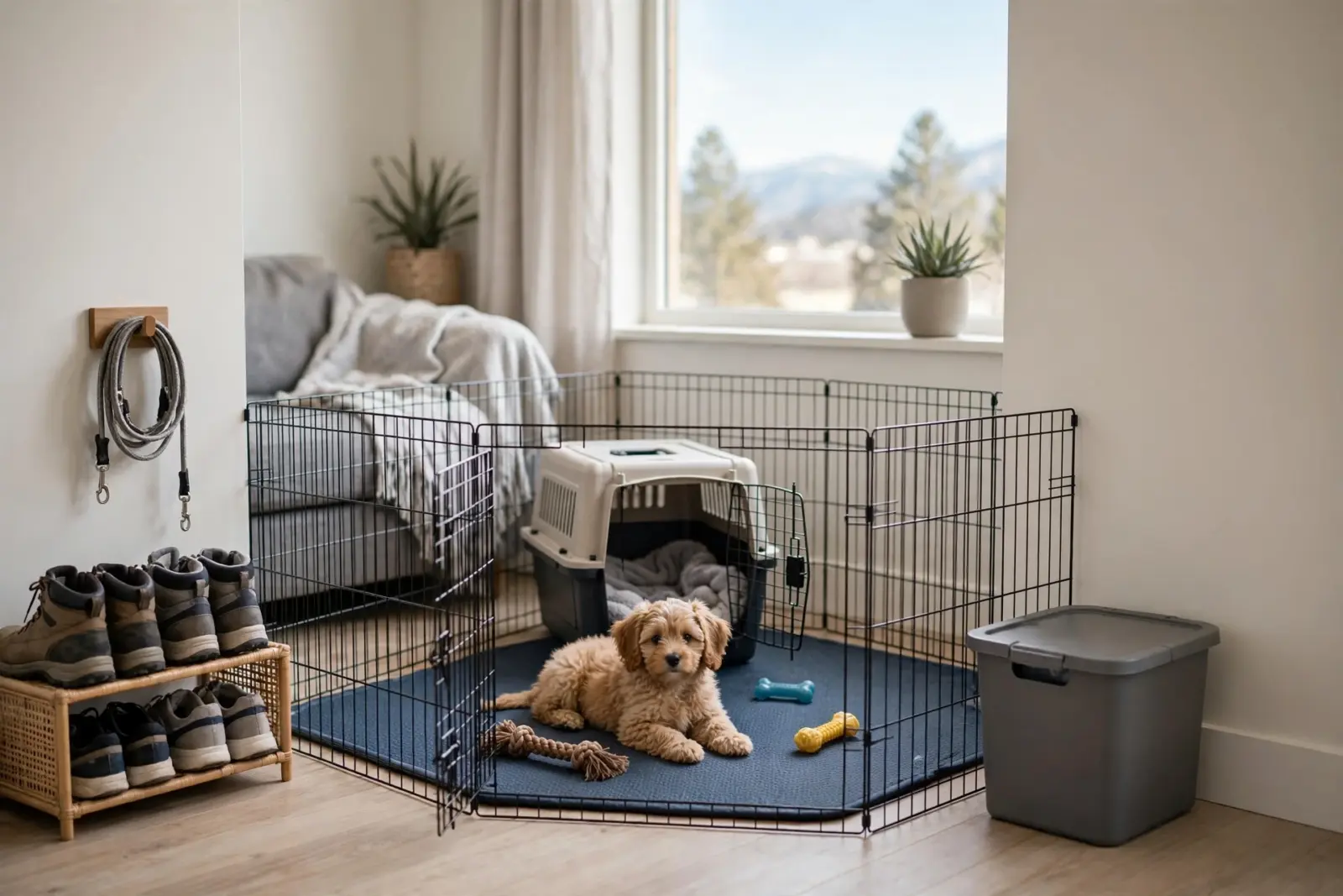 A fluffy golden puppy lies on a blue mat inside a playpen, surrounded by toys, in a bright room suitable for apartment living with a puppy.