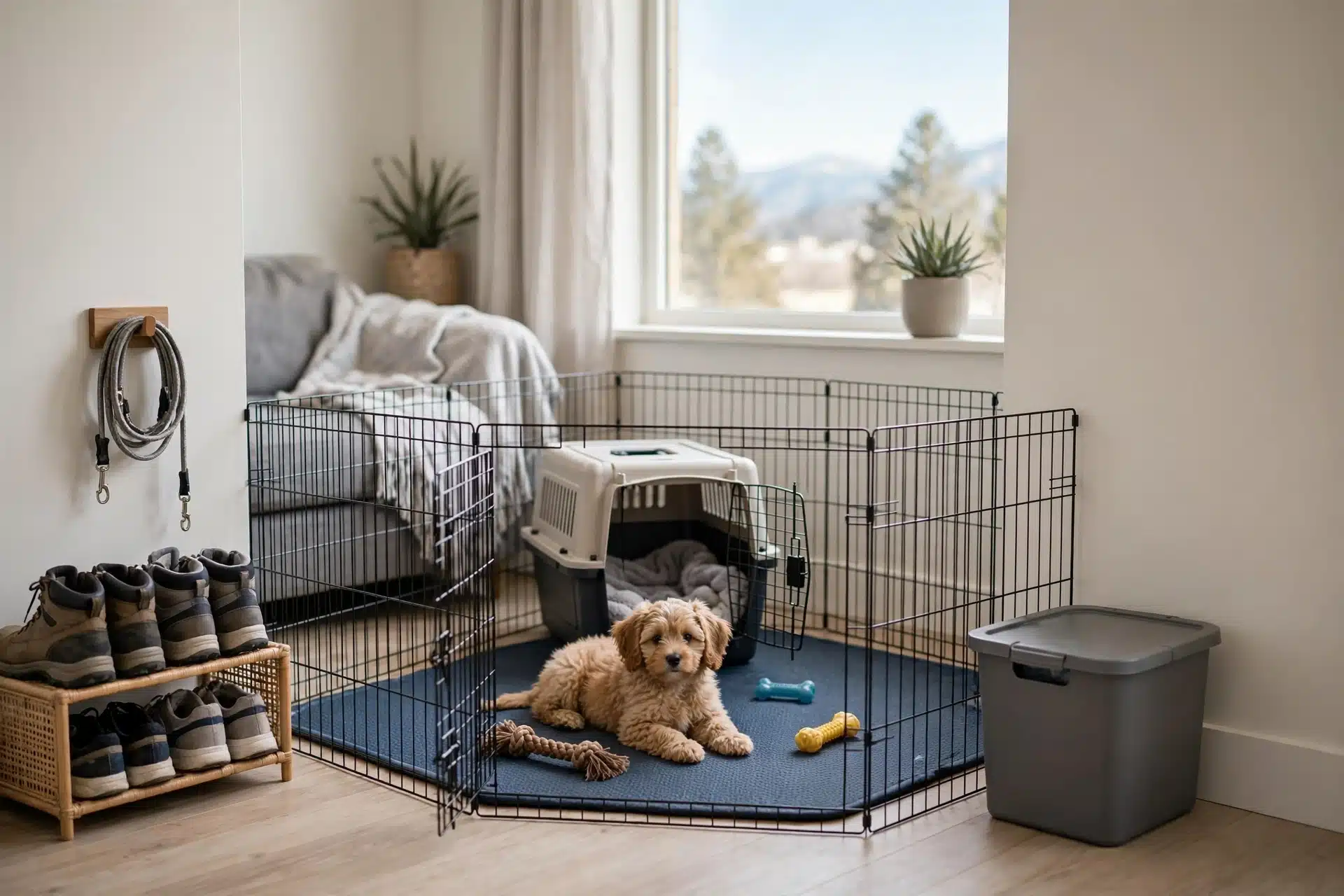 Cozy apartment corner with puppy crate and chew toys