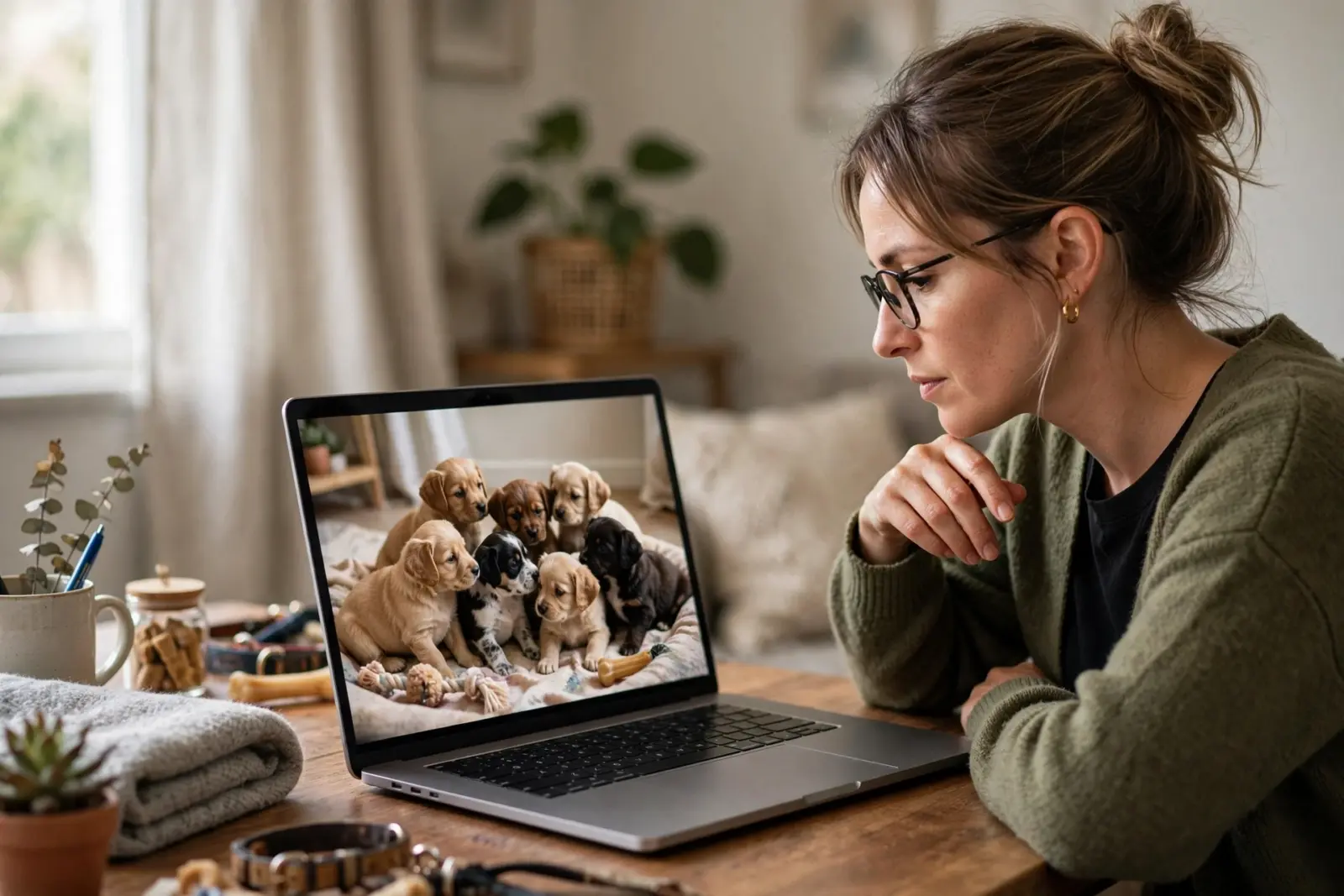 A woman with glasses on her laptop, viewing a litter of puppies. This image relates to verifying a Connecticut puppy seller.