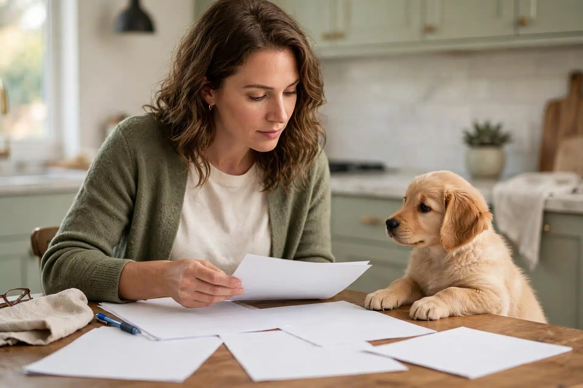 Reviewing puppy health records at kitchen table