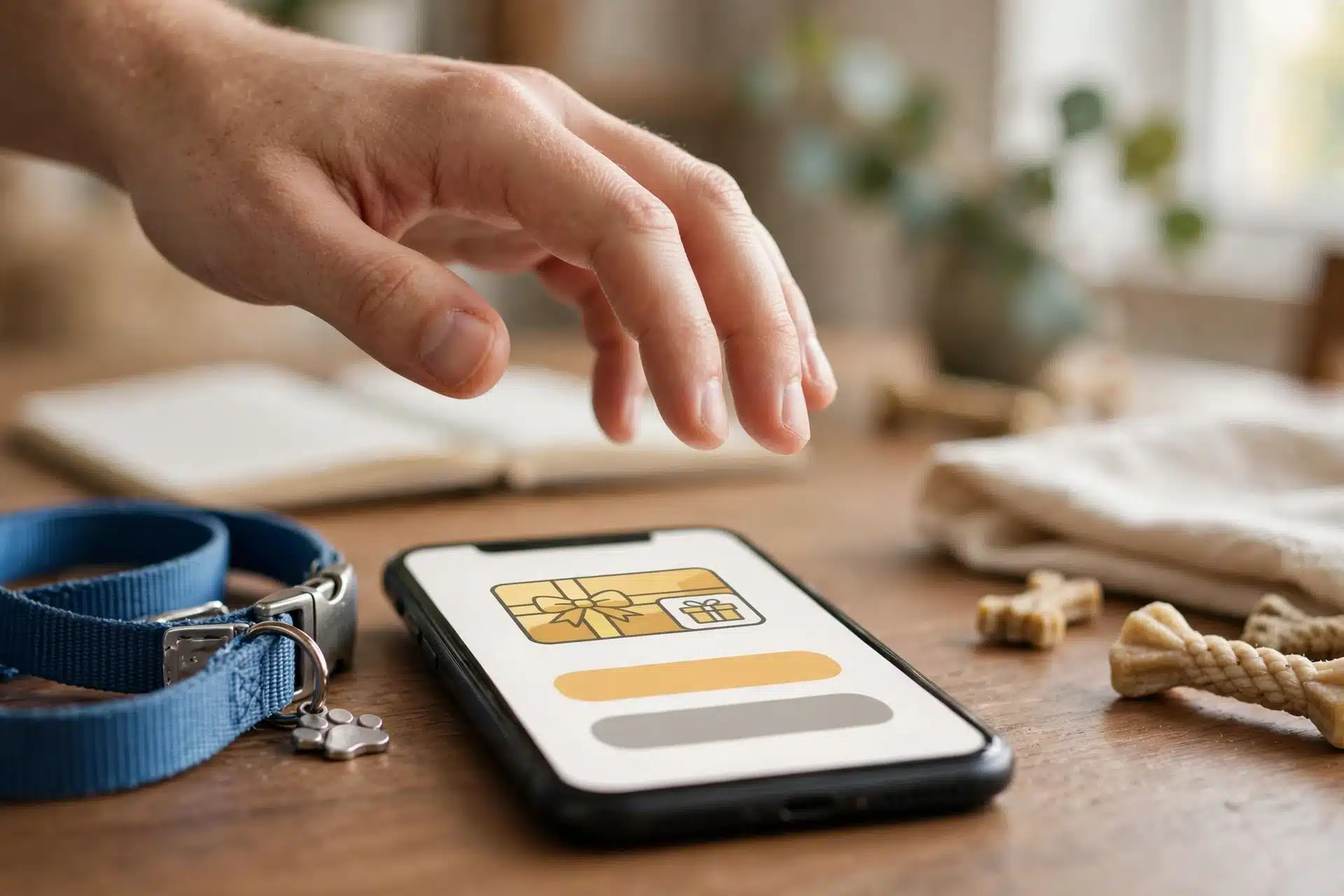 Hesitant hand pausing over gift card payment screen