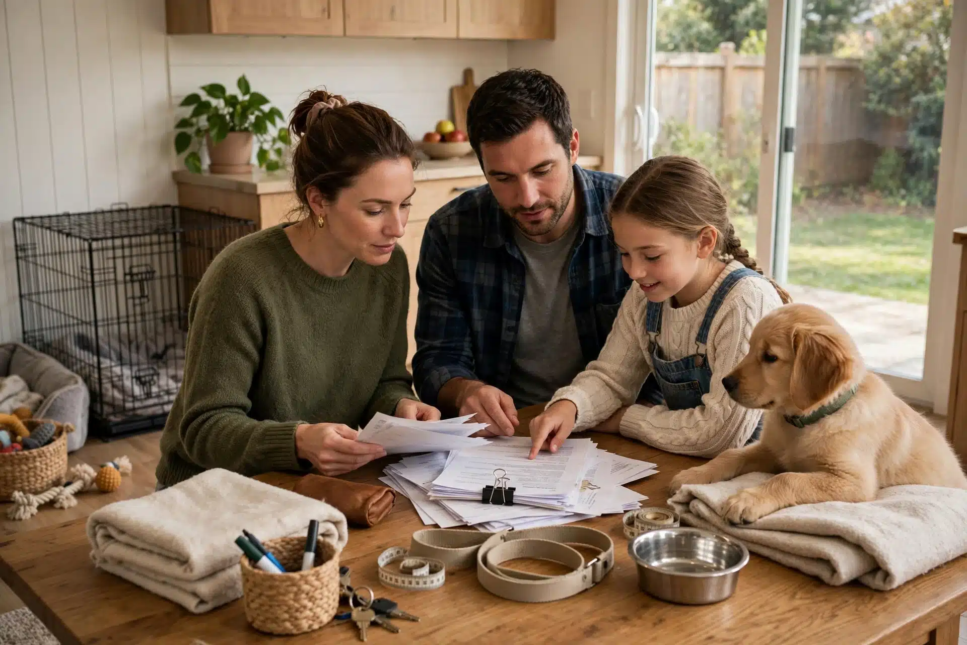 Family reviewing adoption papers with puppy nearby