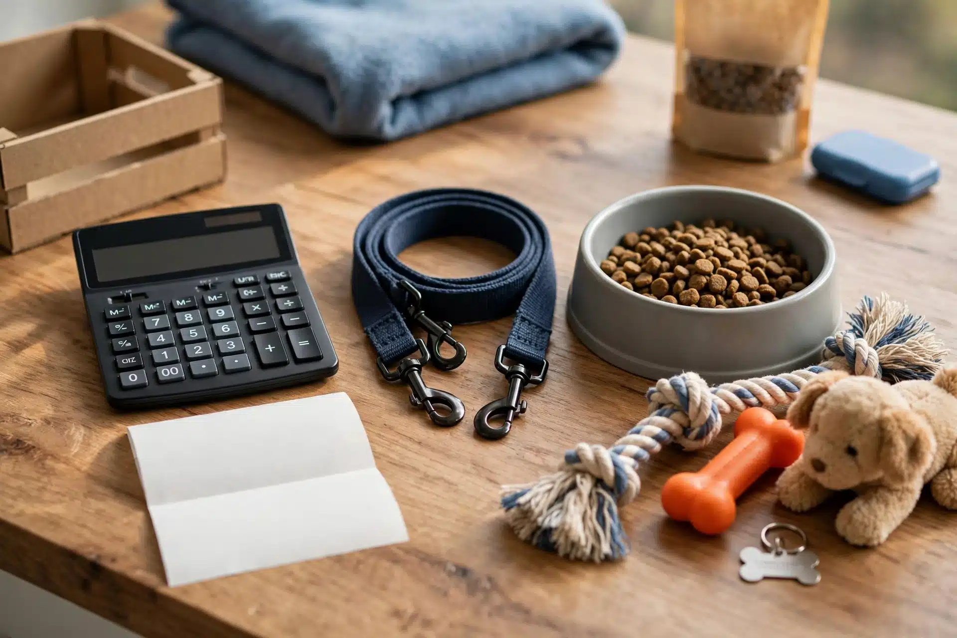 Receipt calculator leash bowl puppy toys on counter
