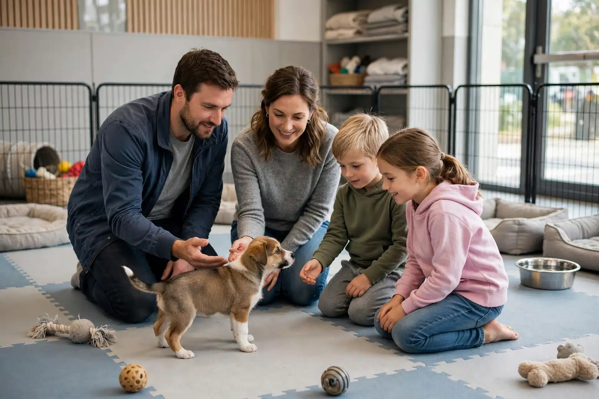 Family kneeling beside curious shelter puppy