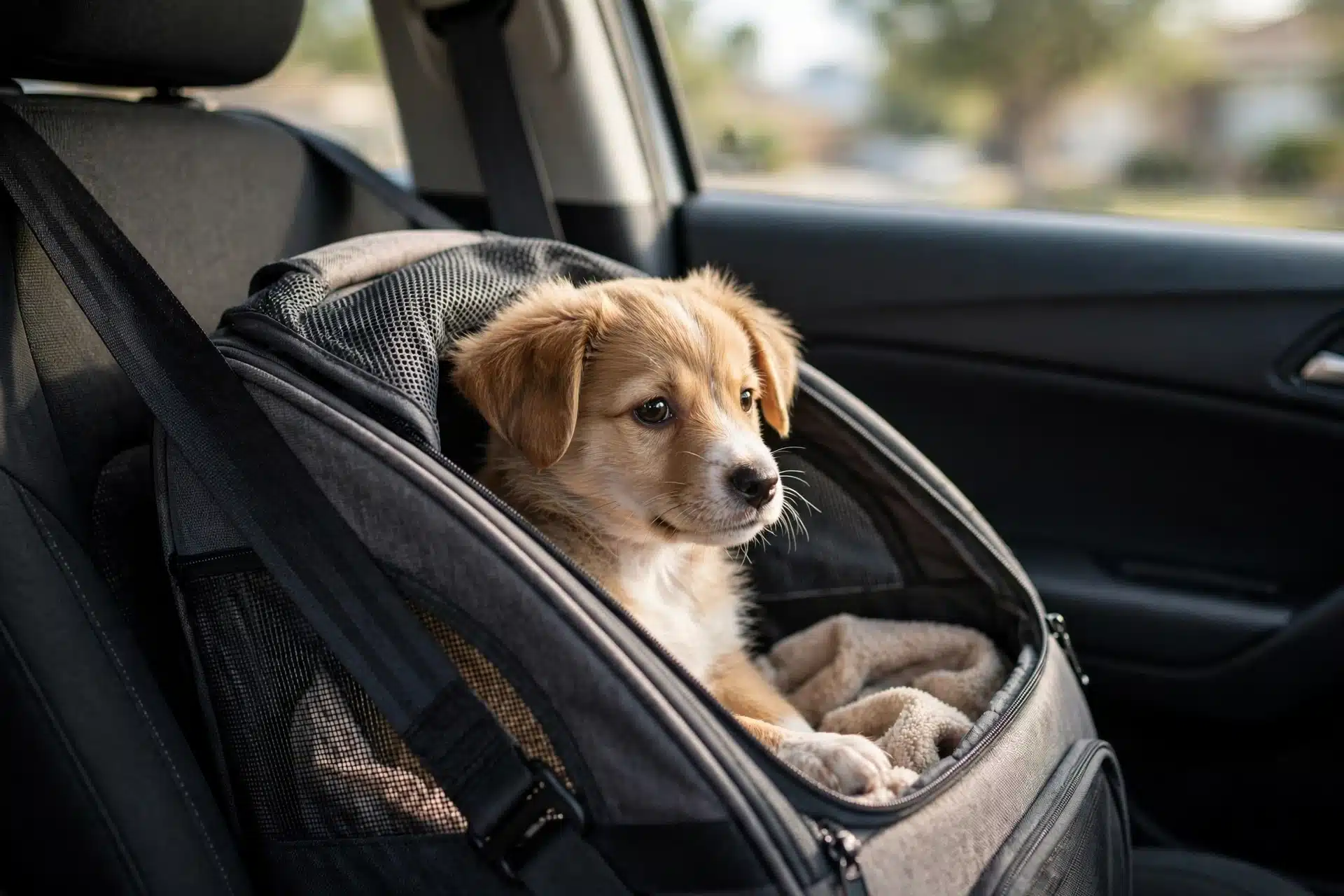 A puppy peeking from a car crate