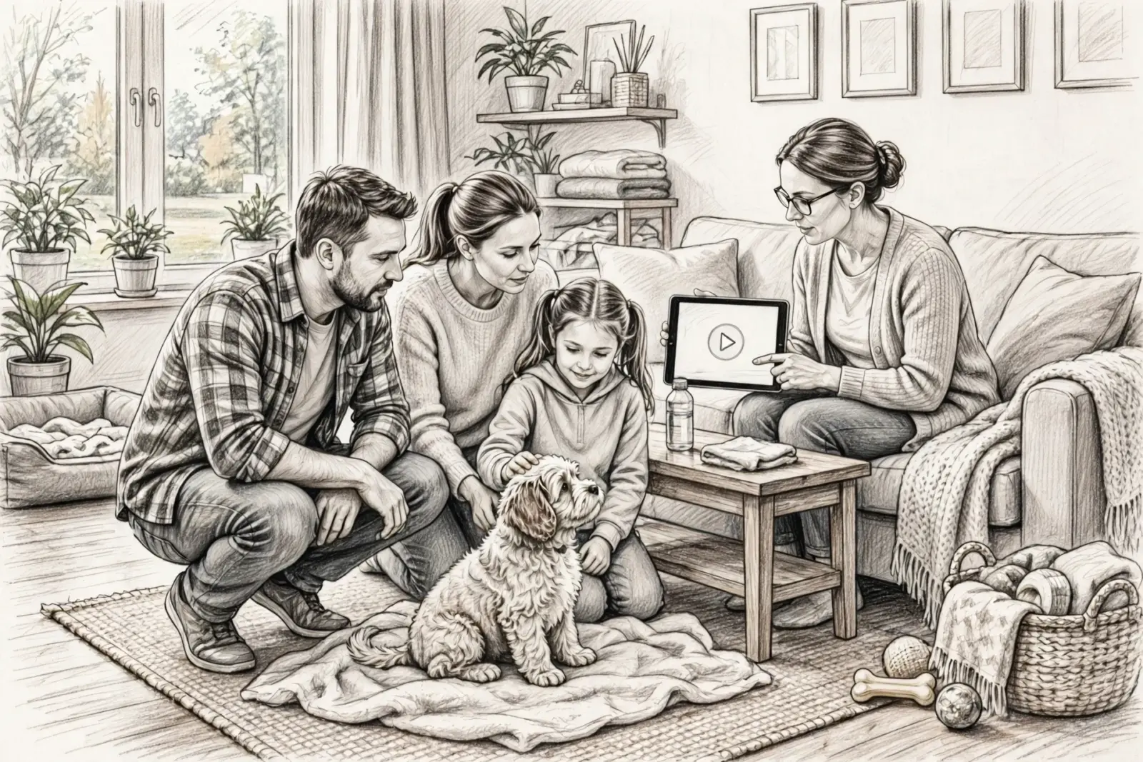 A family in a living room gathers around a fluffy puppy, with a woman on a tablet likely researching Florida puppies for sale. The scene depicts a warm, domestic setting with plants and a cozy couch.