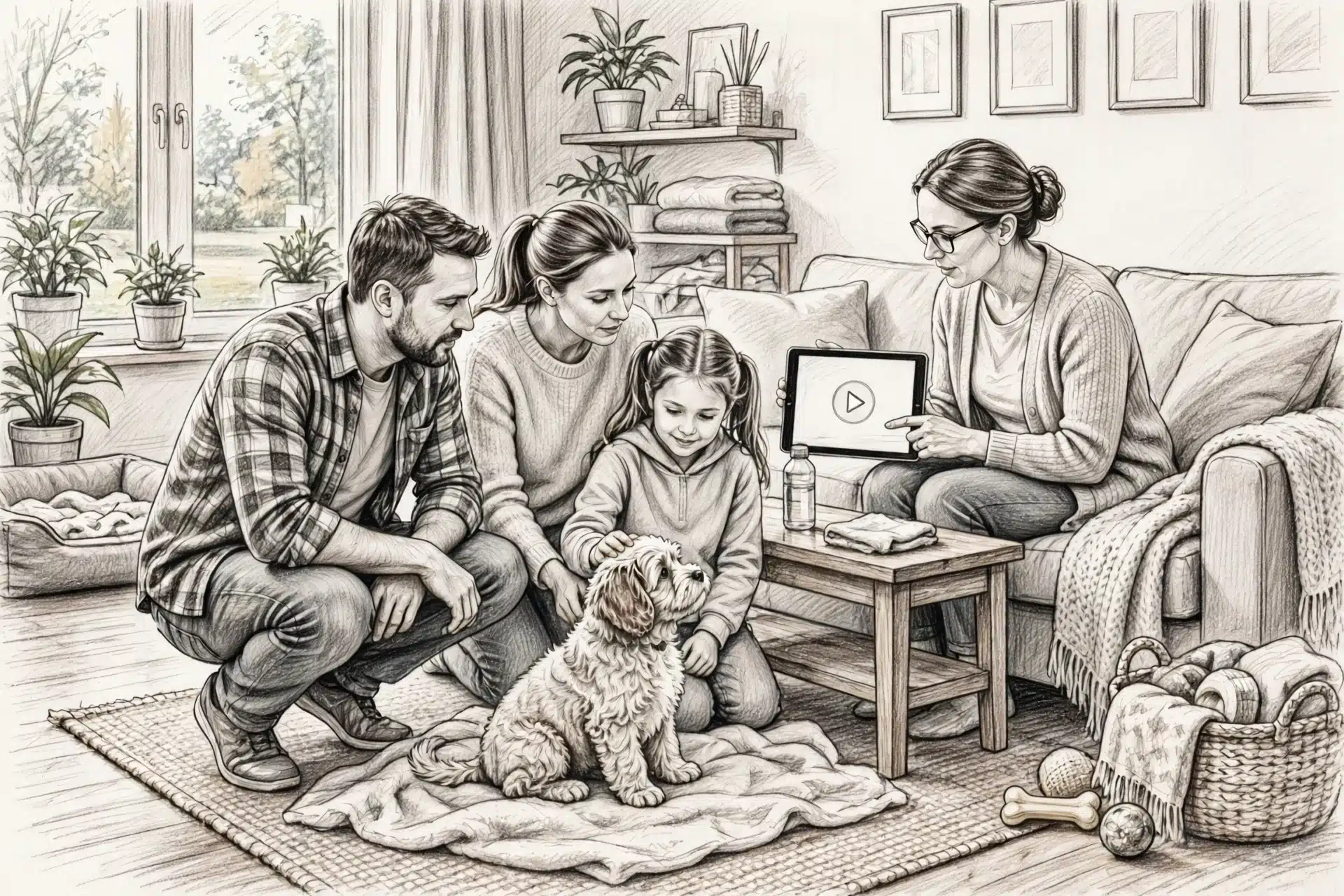A family meeting a puppy in a bright living room
