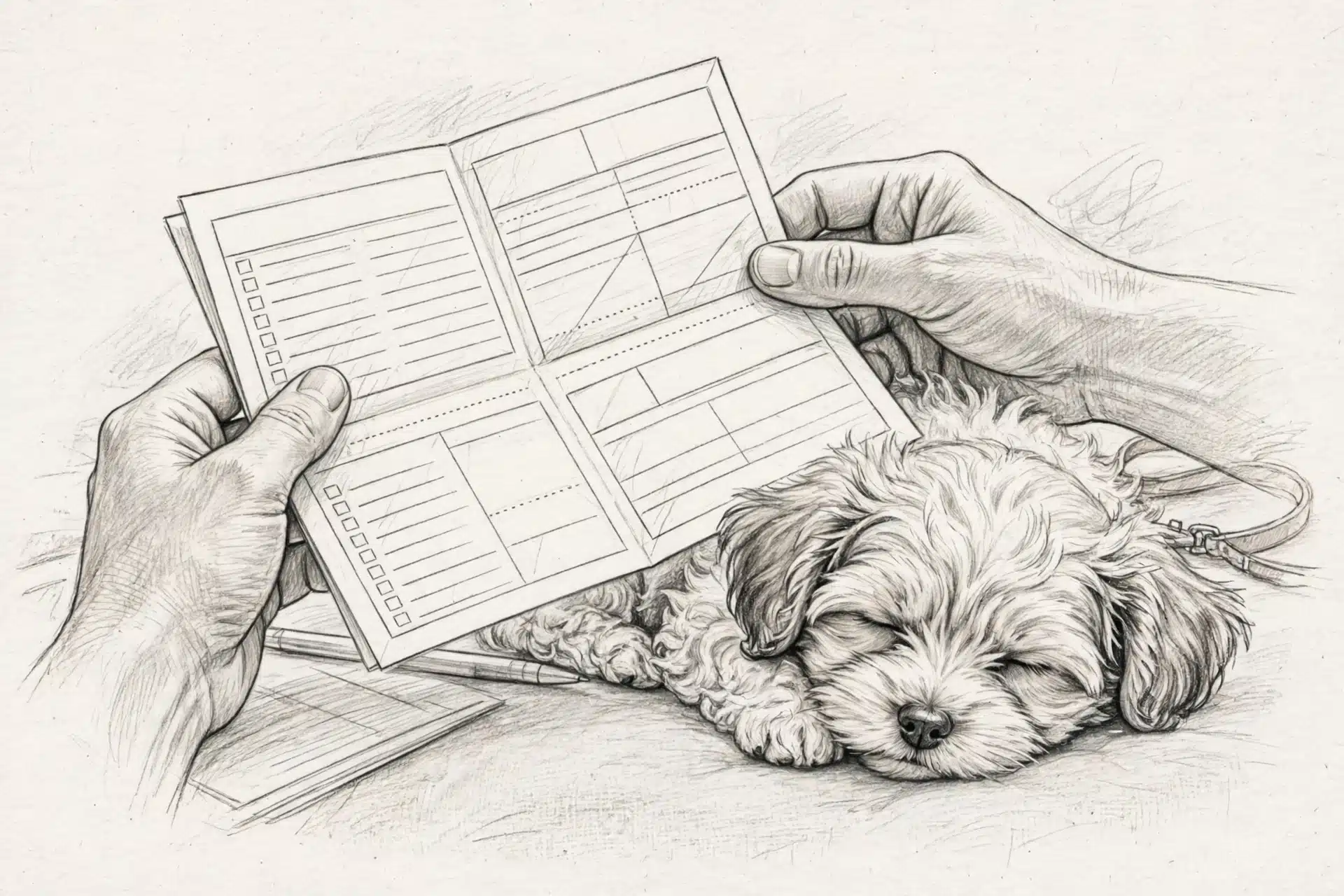 Close-up of hands reviewing puppy vaccination records