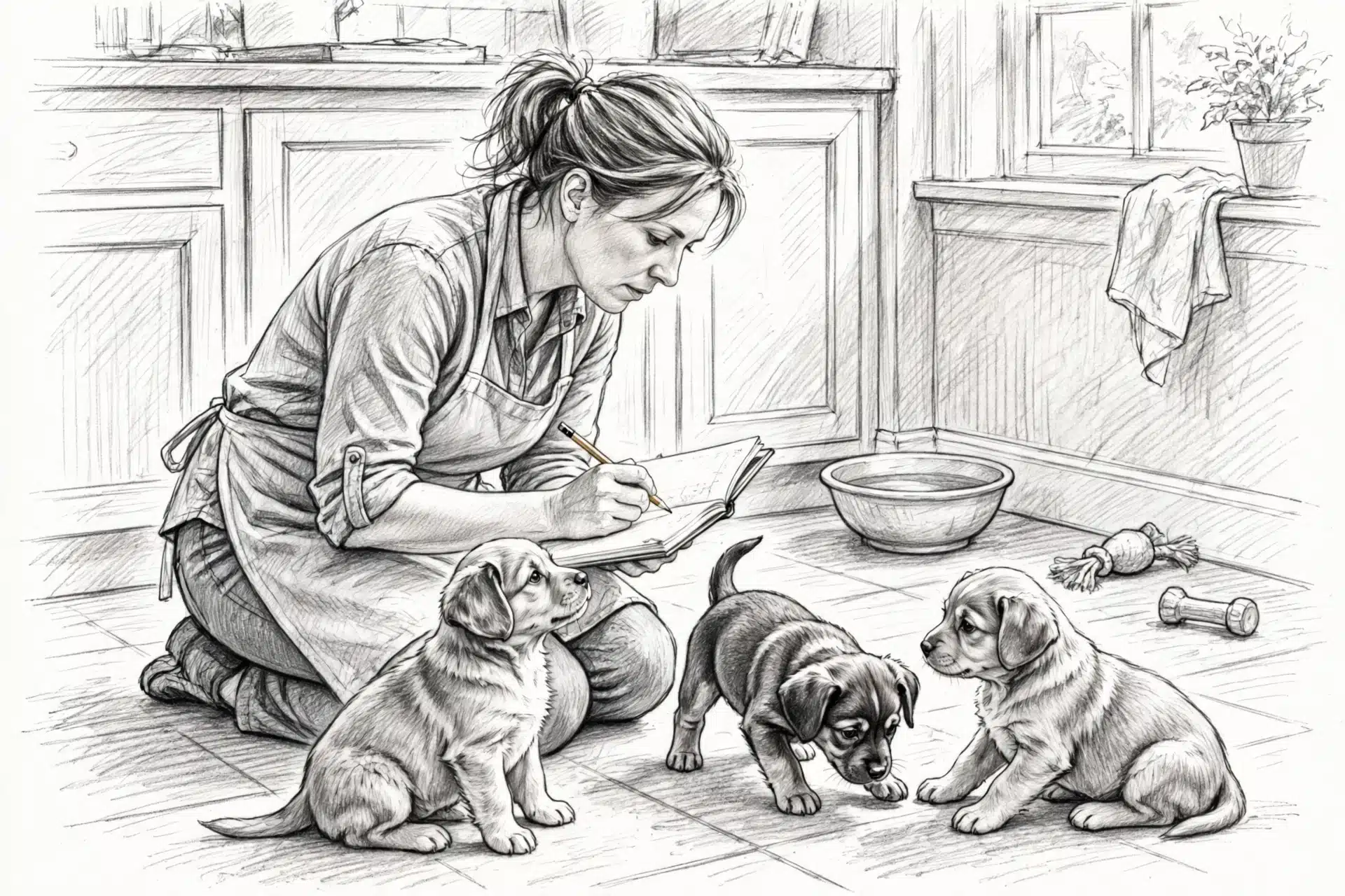 Breeder observing puppies on kitchen floor