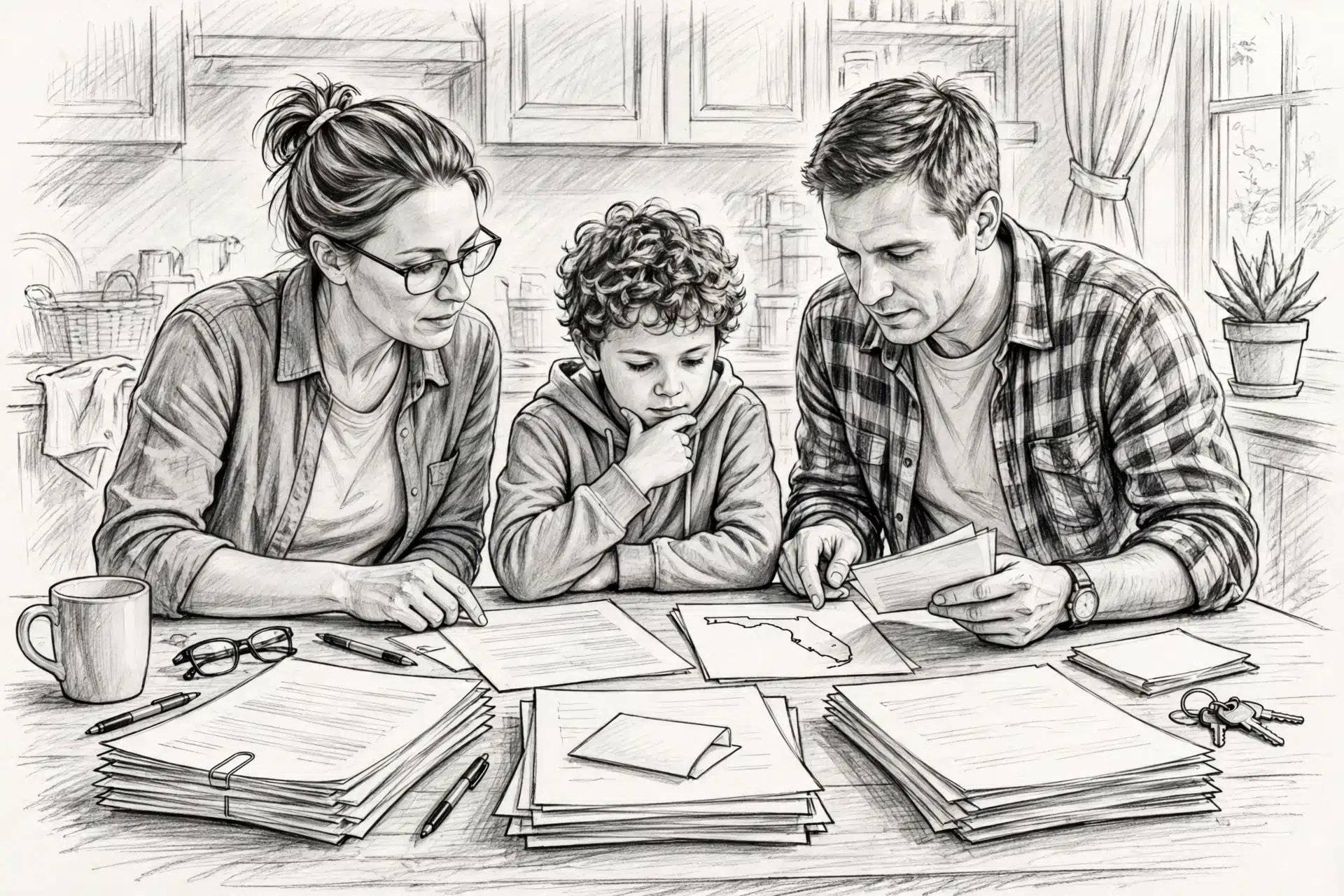 Family comparing breeder documents at kitchen table