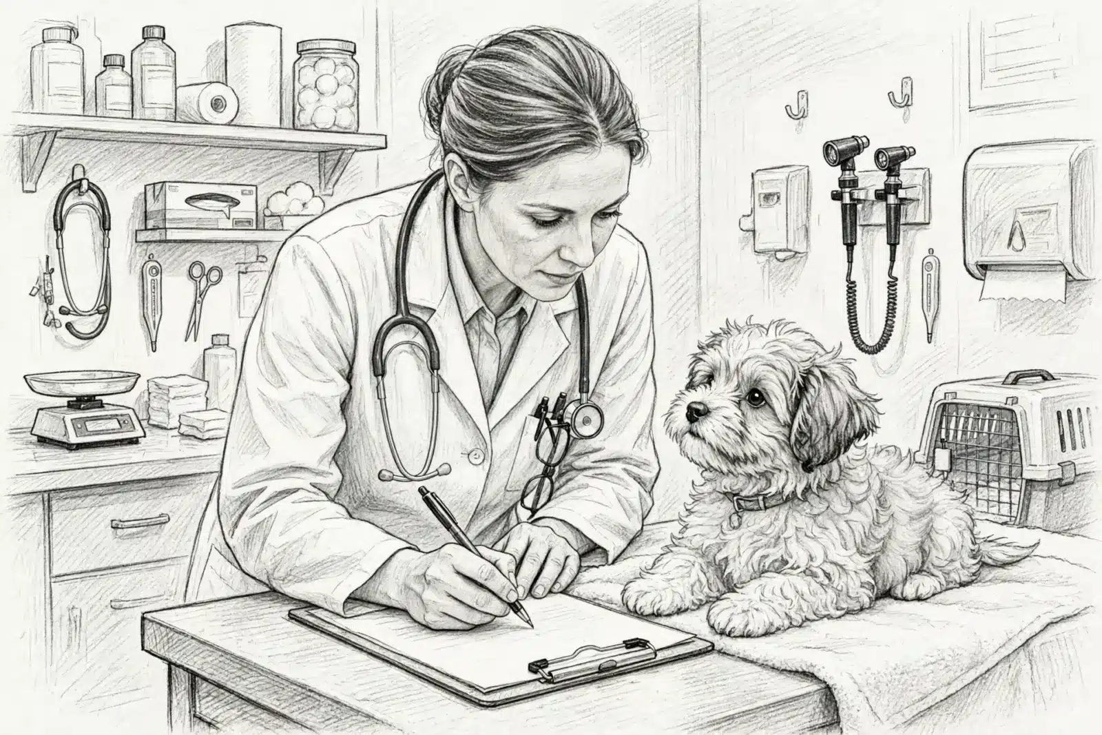 A veterinarian in a white coat with a stethoscope examines a fluffy white puppy in a clinic, writing notes on a clipboard. Shelves with medical supplies and a pet carrier are visible in the background.
