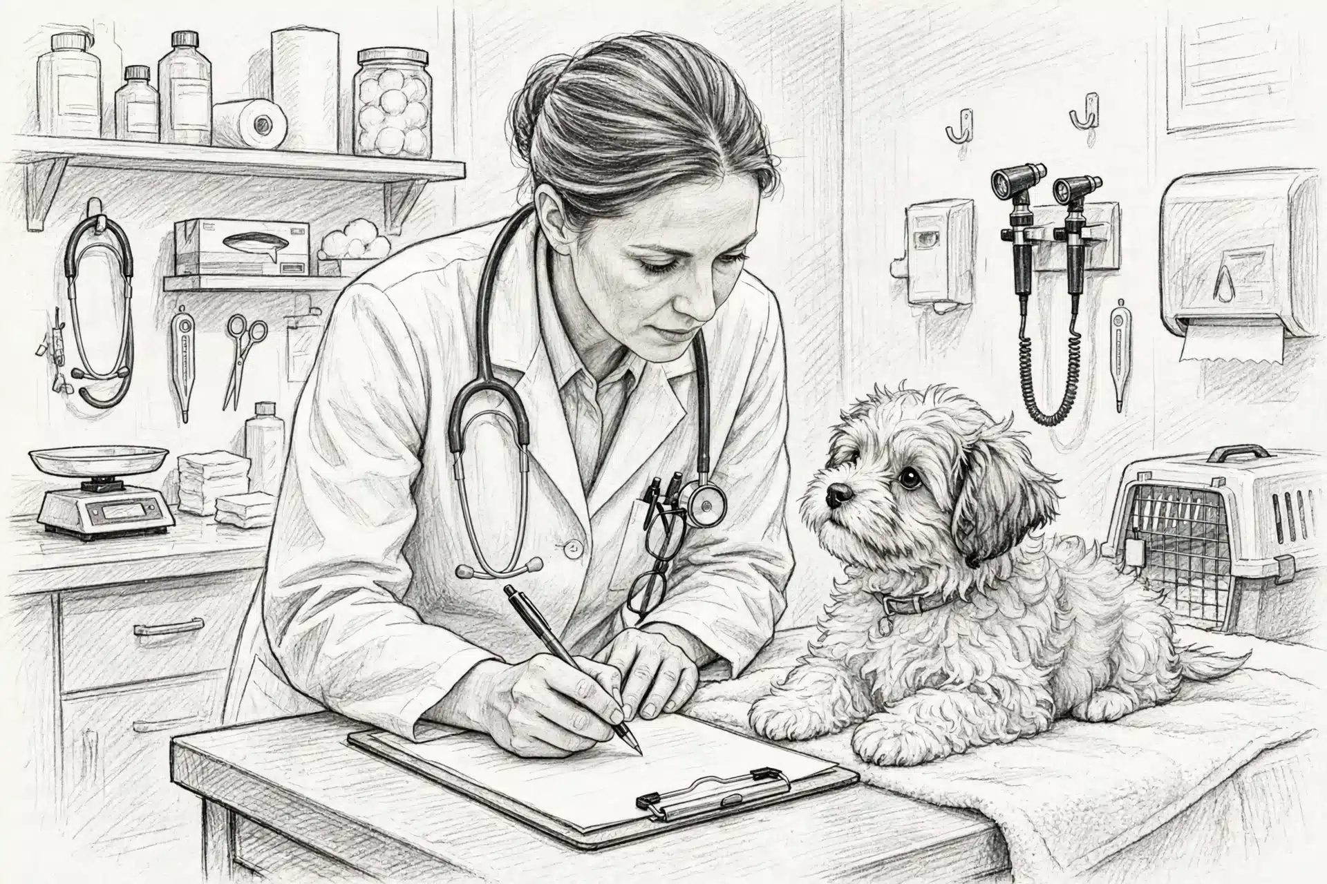 Veterinarian examining Havanese puppy, completing health certificate