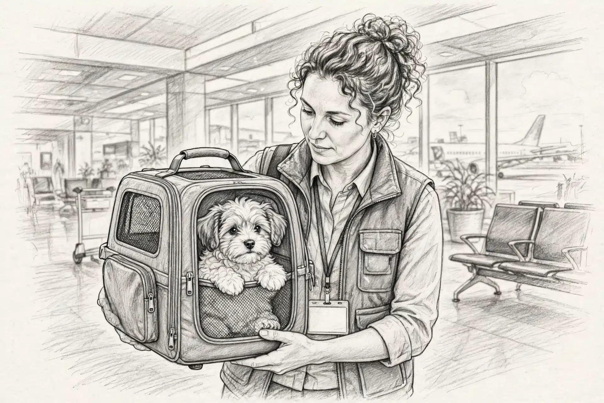 Flight nanny carrying Havanese puppy in airport terminal