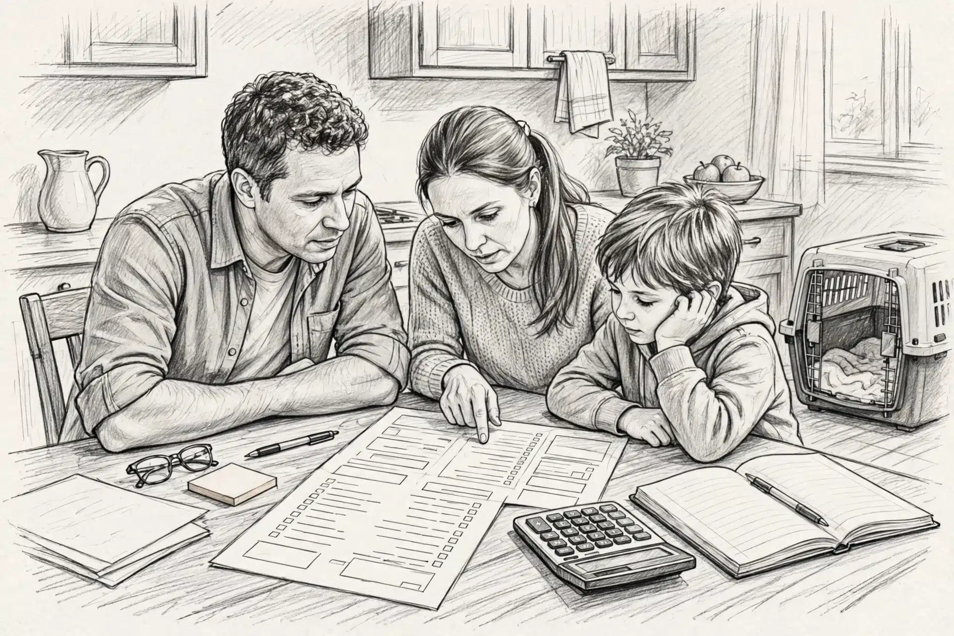 Family reviewing itemized puppy delivery quote